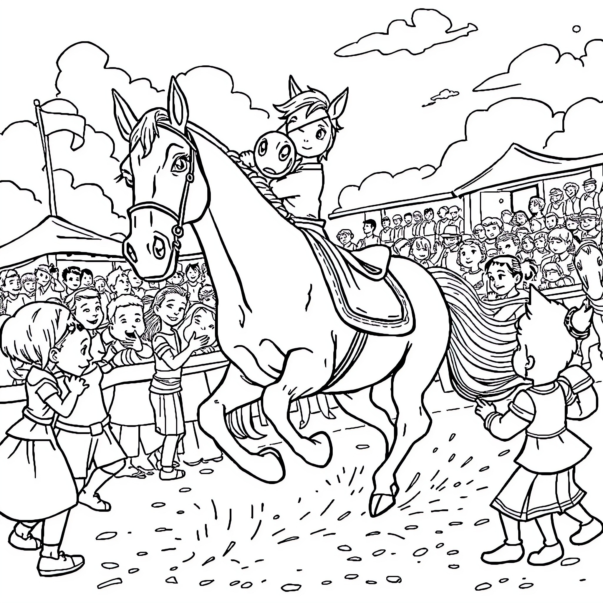 Horse racing event with cheering crowd Coloring Page (free black-and-white line drawing printable PDF for all, from beginners to advanced learners, including children, teens, adults, and seniors)