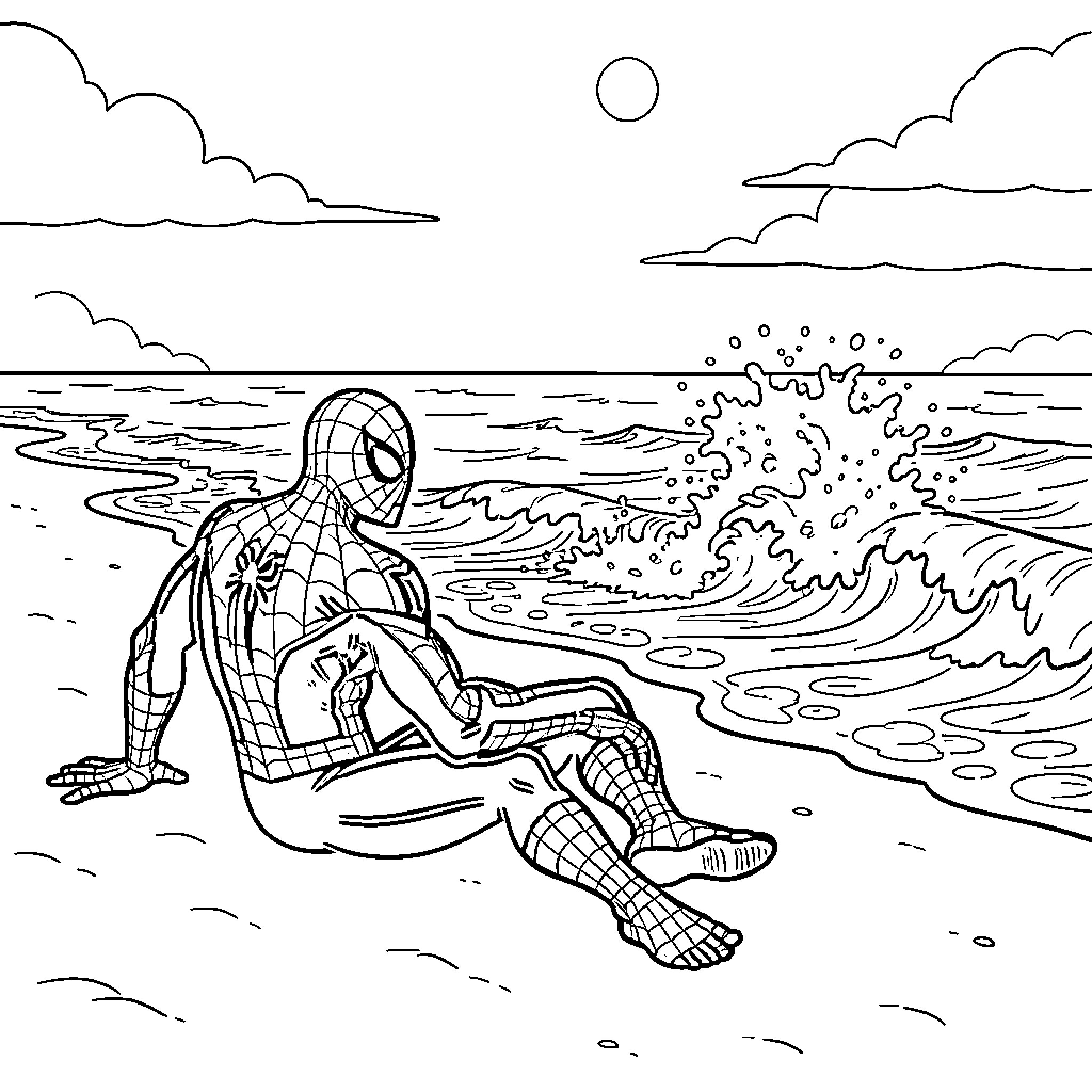 Spiderman relaxing on the beach Coloring Page (free black-and-white line drawing printable PDF for all, from beginners to advanced learners, including children, teens, adults, and seniors)