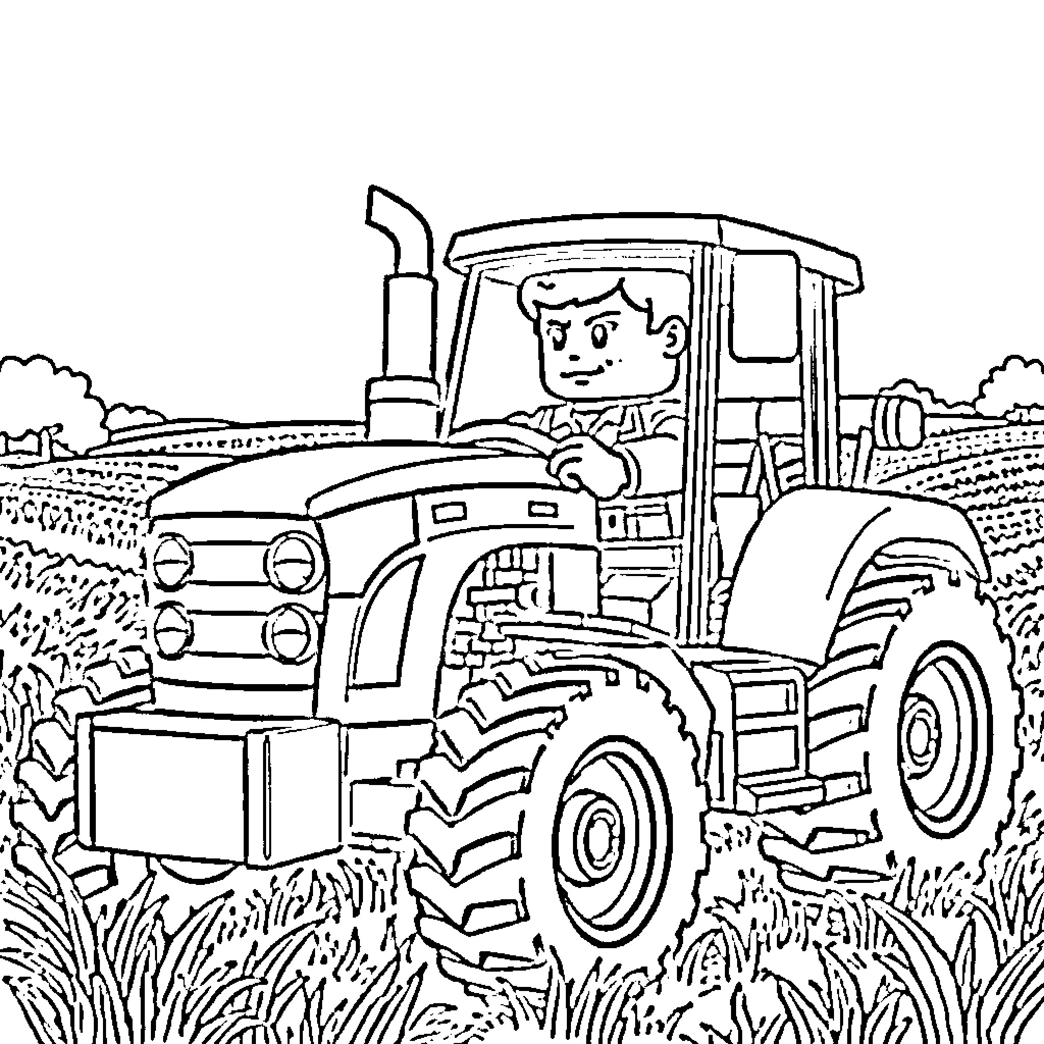 Lego Man operating a large farm tractor in the field Coloring Page (free black-and-white line drawing printable PDF for all, from beginners to advanced learners, including children, teens, adults, and seniors)