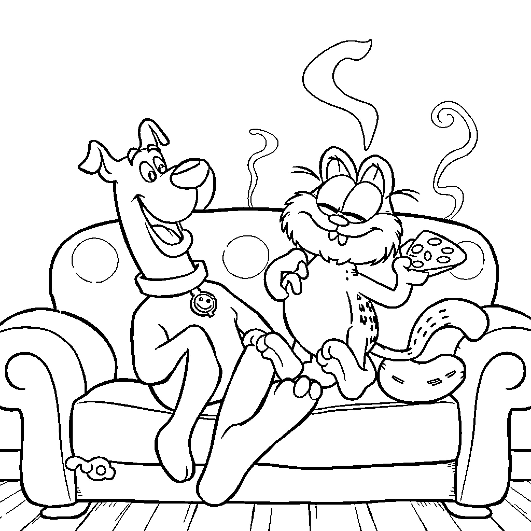 Scooby Doo relaxing on the sofa with his friend Coloring Page (free black-and-white line drawing printable PDF for all, from beginners to advanced learners, including children, teens, adults, and seniors)