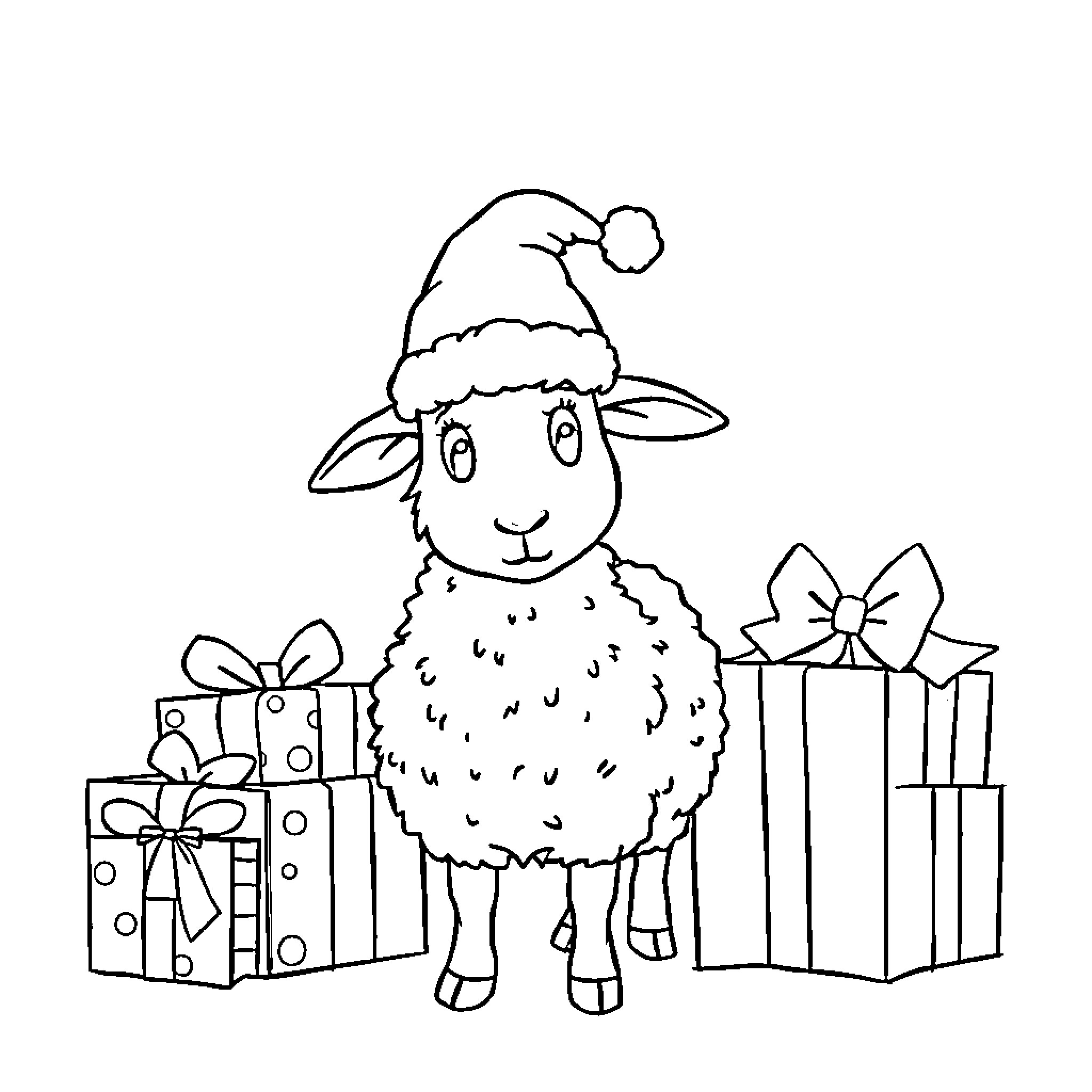 Sheep wearing Santa hat with Christmas presents Coloring Page (free black-and-white line drawing printable PDF for all, from beginners to advanced learners, including children, teens, adults, and seniors)