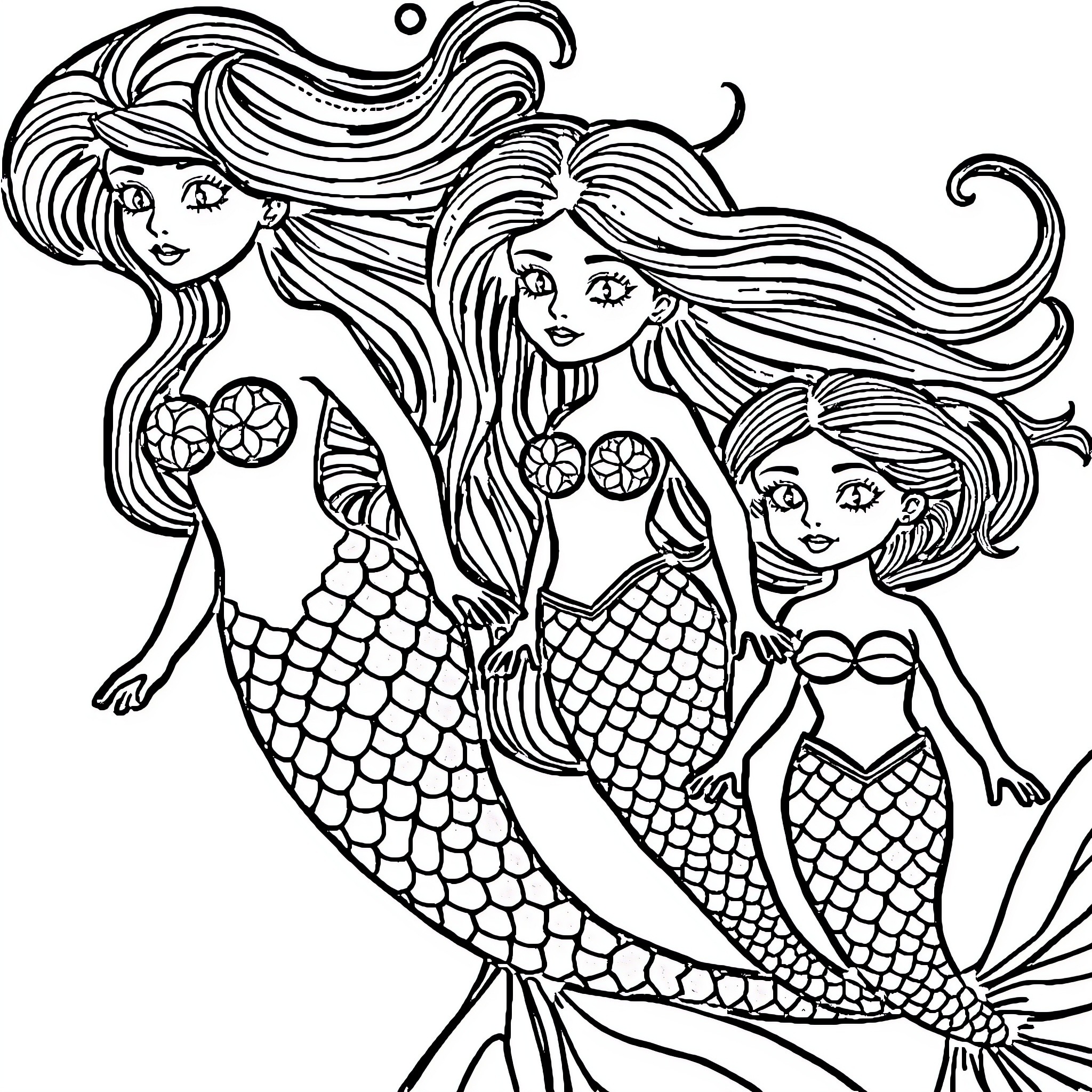 Siren sisters swimming gracefully in the sea Coloring Page (free black-and-white line drawing printable PDF for all, from beginners to advanced learners, including children, teens, adults, and seniors)