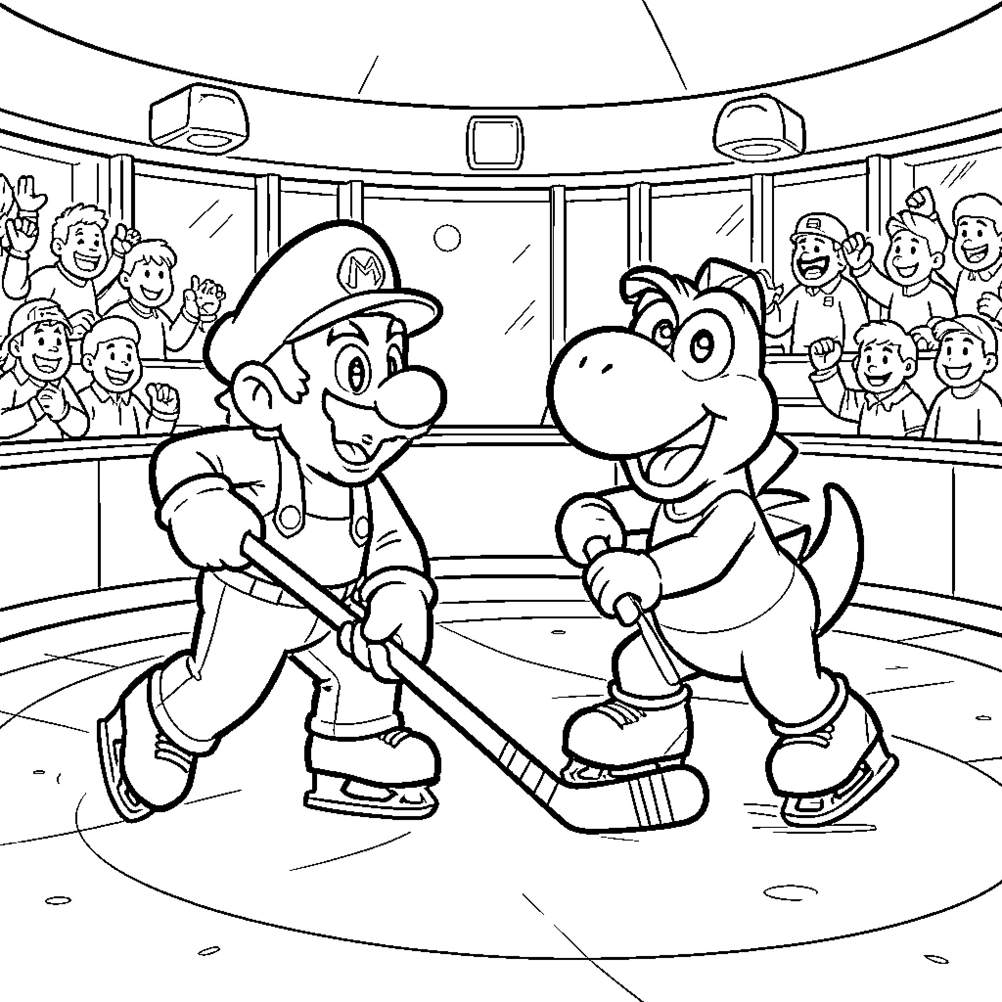 Mario and Luigi Playing Hockey in the Stadium Coloring Page (free black-and-white line drawing printable PDF for all, from beginners to advanced learners, including children, teens, adults, and seniors)