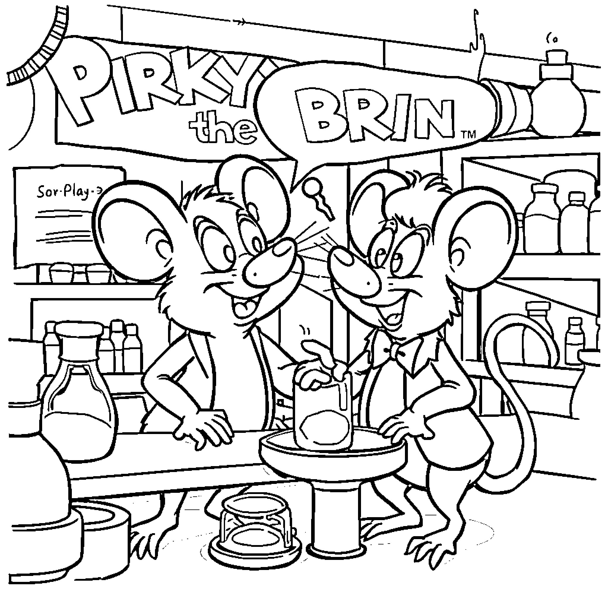 Pinky and the Brain working together in the lab Coloring Page (free black-and-white line drawing printable PDF for all, from beginners to advanced learners, including children, teens, adults, and seniors)