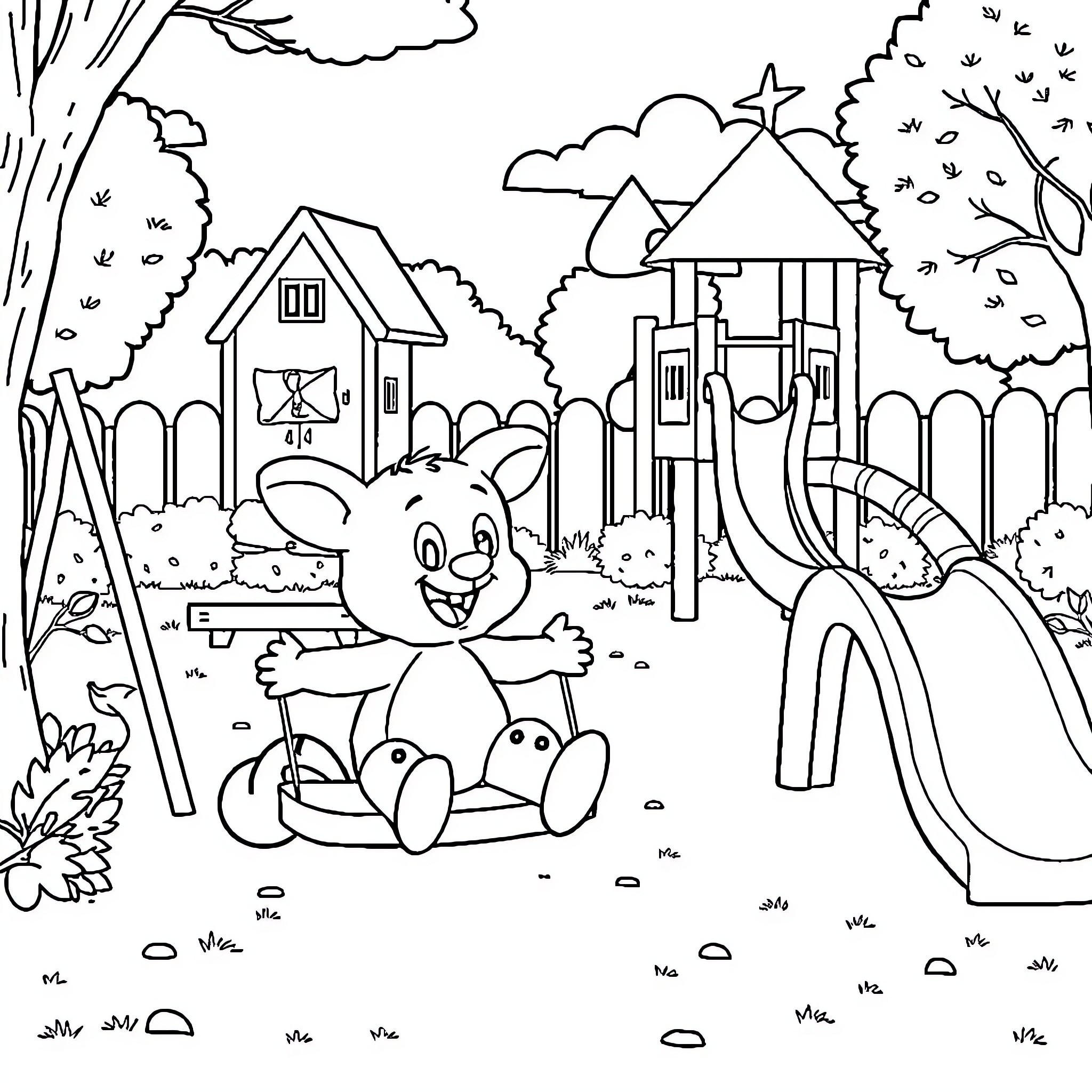 Bluey playing happily at the playground Coloring Page (free black-and-white line drawing printable PDF for all, from beginners to advanced learners, including children, teens, adults, and seniors)