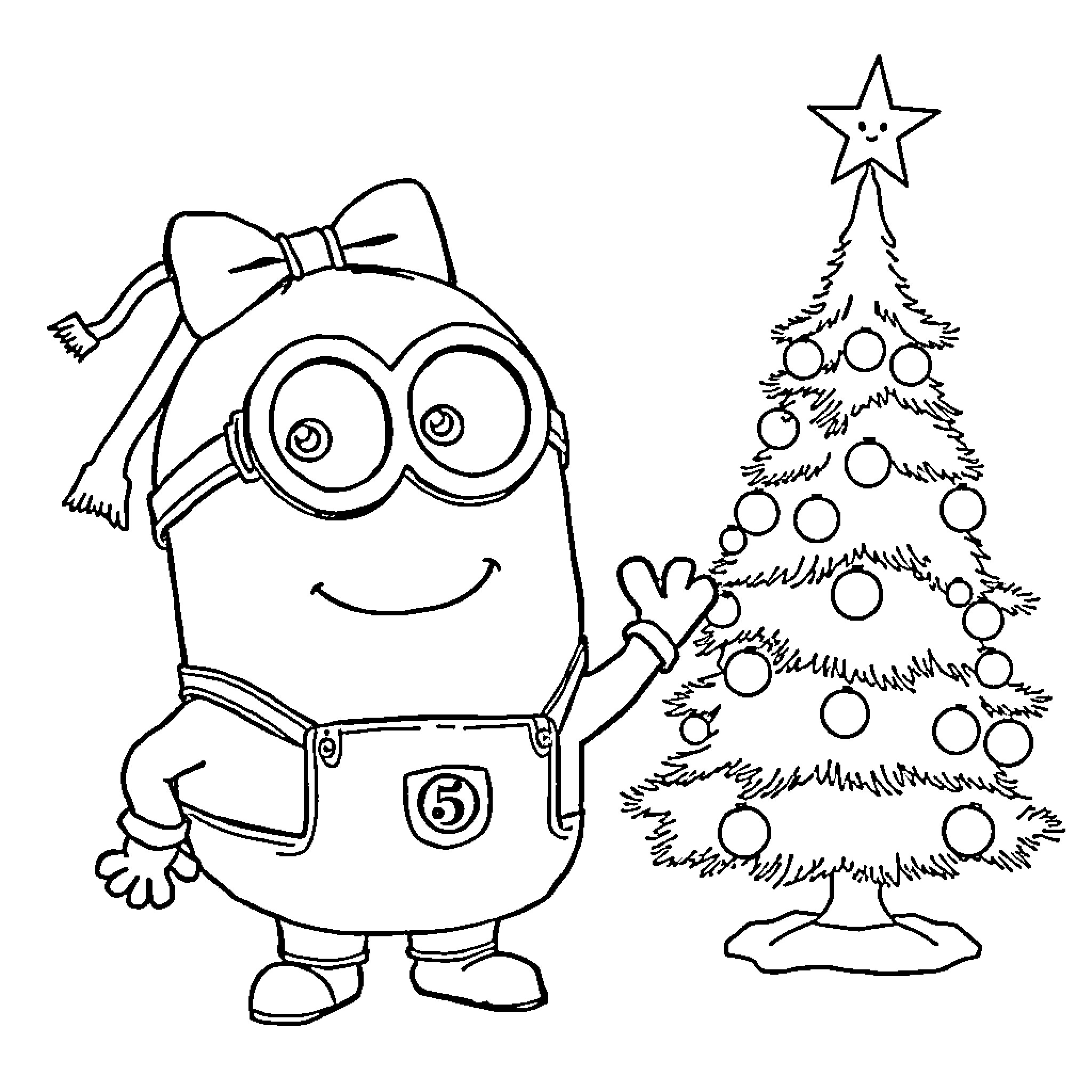 Minion decorating Christmas tree with ornaments Coloring Page (free black-and-white line drawing printable PDF for all, from beginners to advanced learners, including children, teens, adults, and seniors)