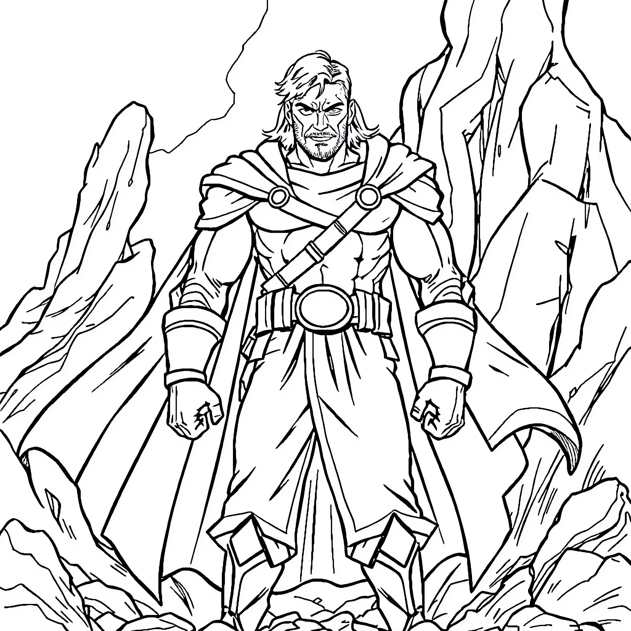 Hero in Majestic Armor Stands Amidst Rugged Terrain Coloring Page (free black-and-white line drawing printable PDF for all, from beginners to advanced learners, including children, teens, adults, and seniors)