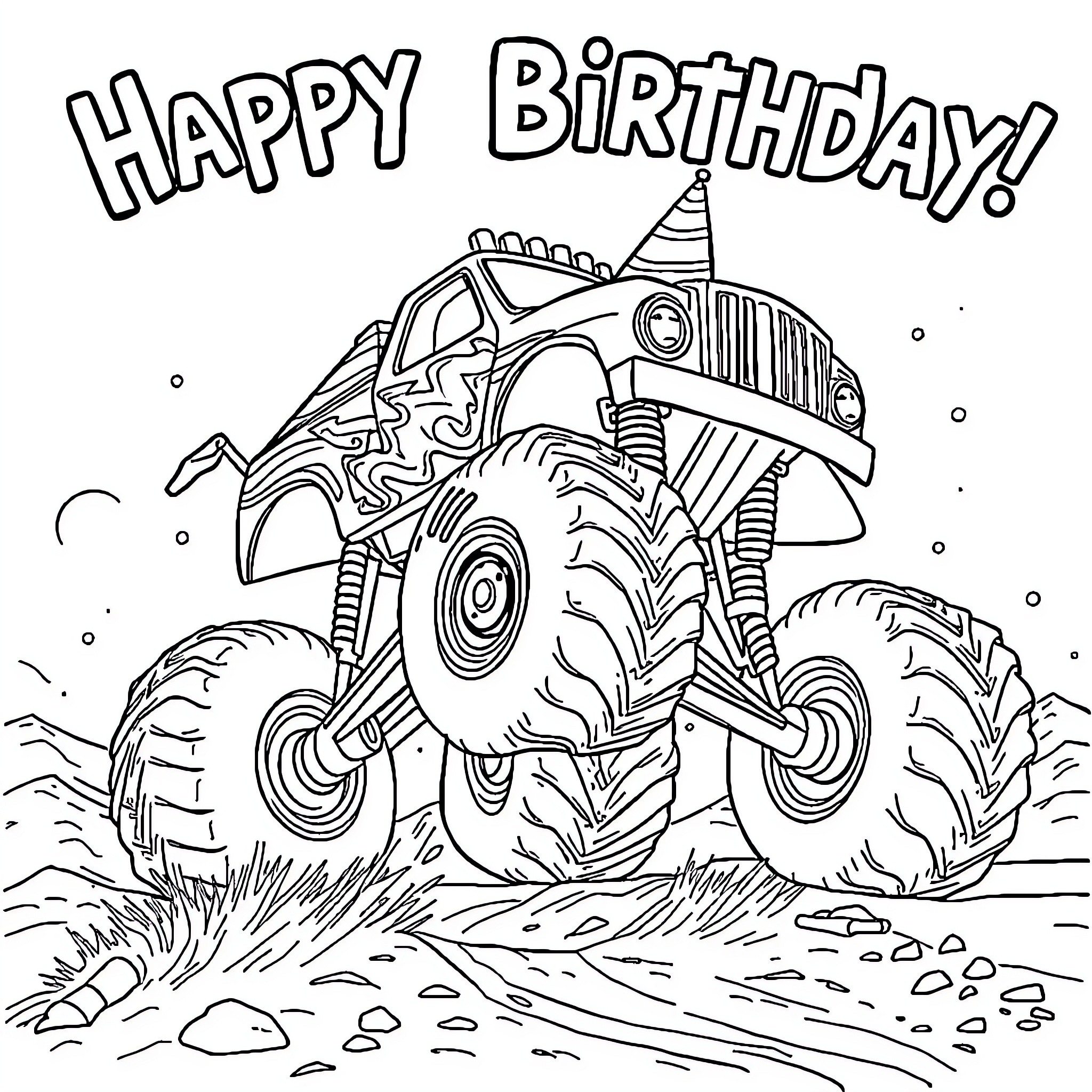Monster Truck Celebrating a Happy Birthday Coloring Page (free black-and-white line drawing printable PDF for all, from beginners to advanced learners, including children, teens, adults, and seniors)