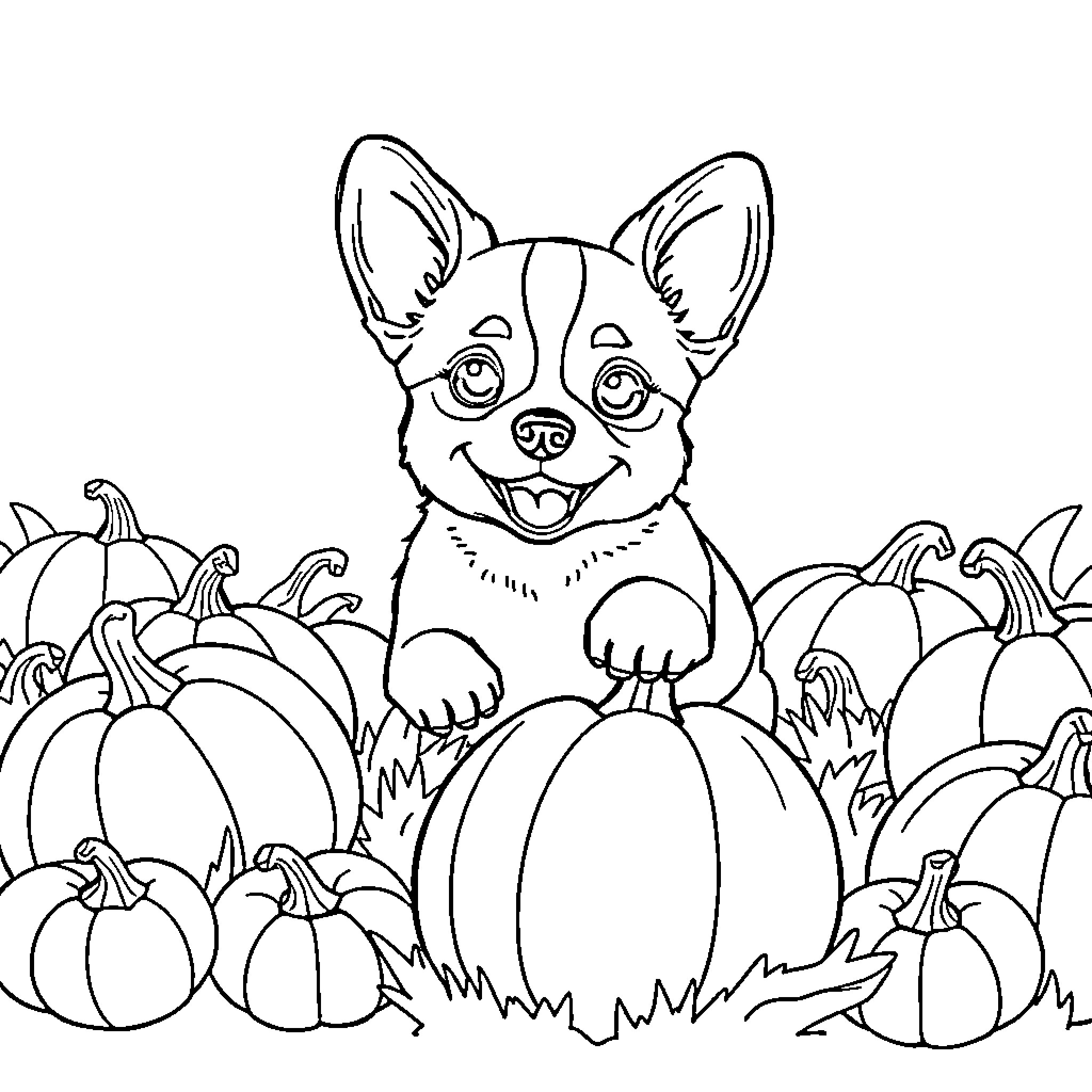 Corgi peeking out from pumpkin patch Coloring Page (free black-and-white line drawing printable PDF for all, from beginners to advanced learners, including children, teens, adults, and seniors)