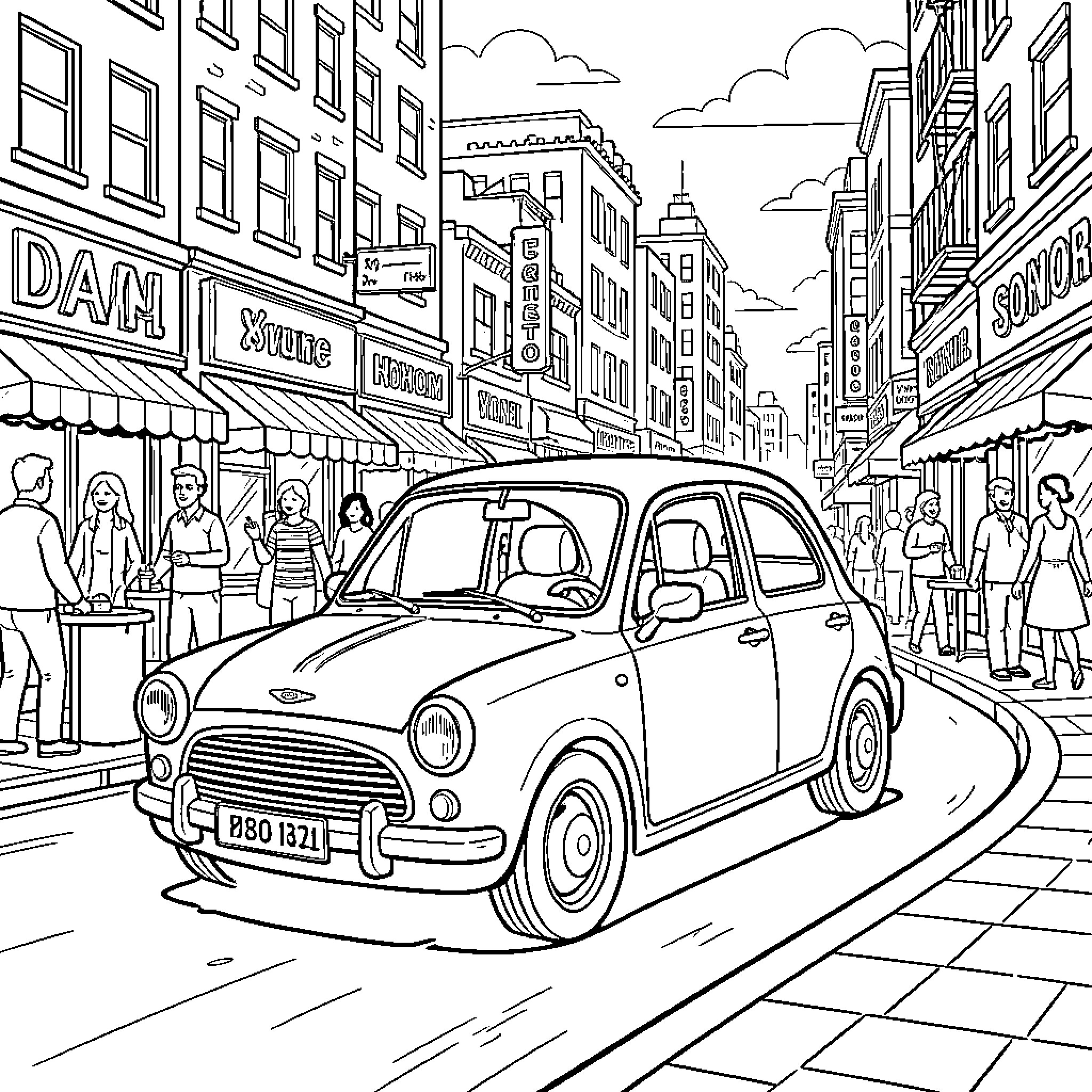 Car driving through a bustling city street Coloring Page (free black-and-white line drawing printable PDF for all, from beginners to advanced learners, including children, teens, adults, and seniors)