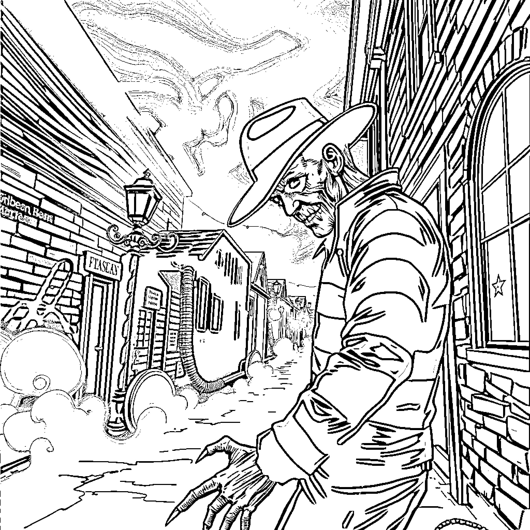 Freddy Krueger stalking down a spooky alley Coloring Page (free black-and-white line drawing printable PDF for all, from beginners to advanced learners, including children, teens, adults, and seniors)