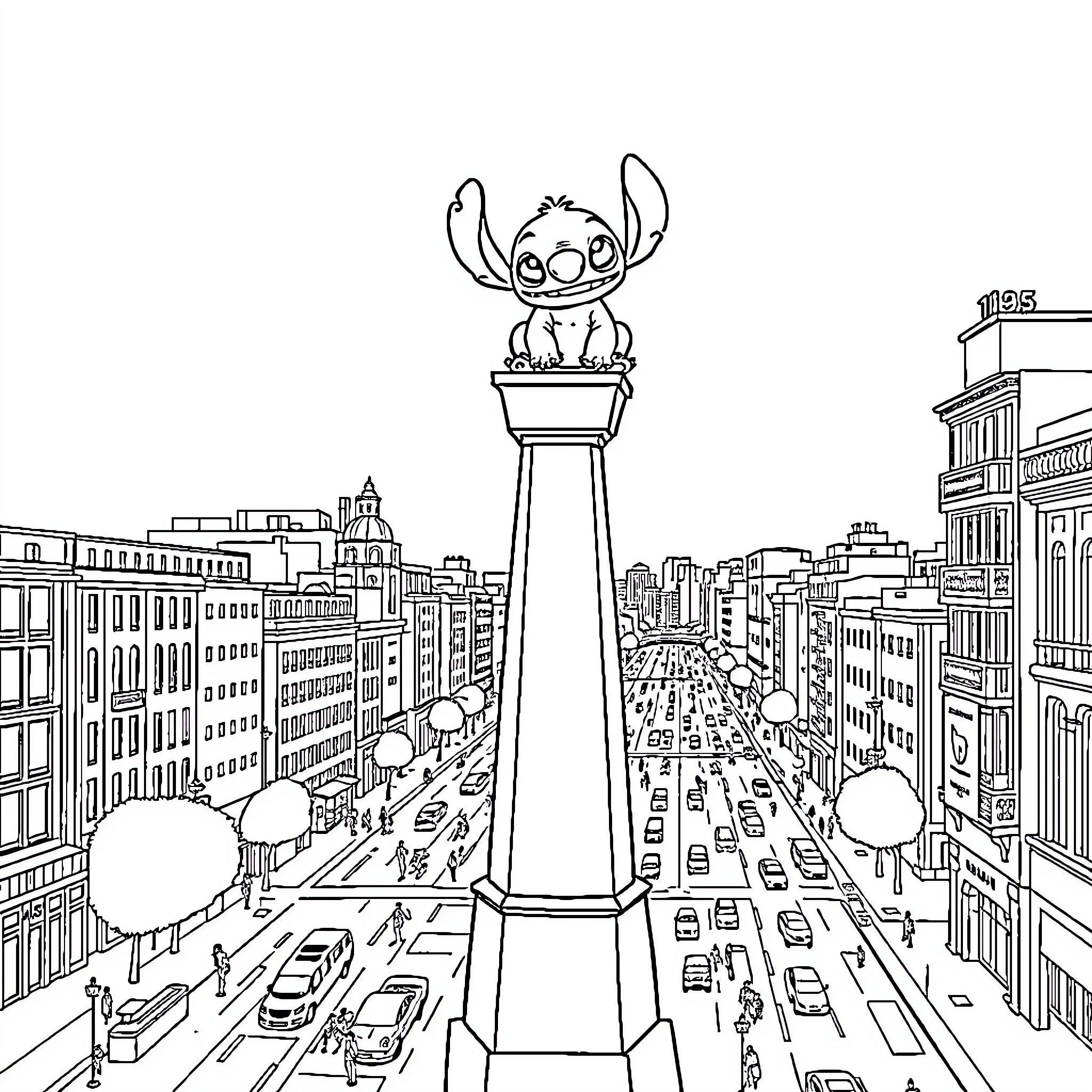 Stitch overlooking the bustling city streets Coloring Page (free black-and-white line drawing printable PDF for all, from beginners to advanced learners, including children, teens, adults, and seniors)