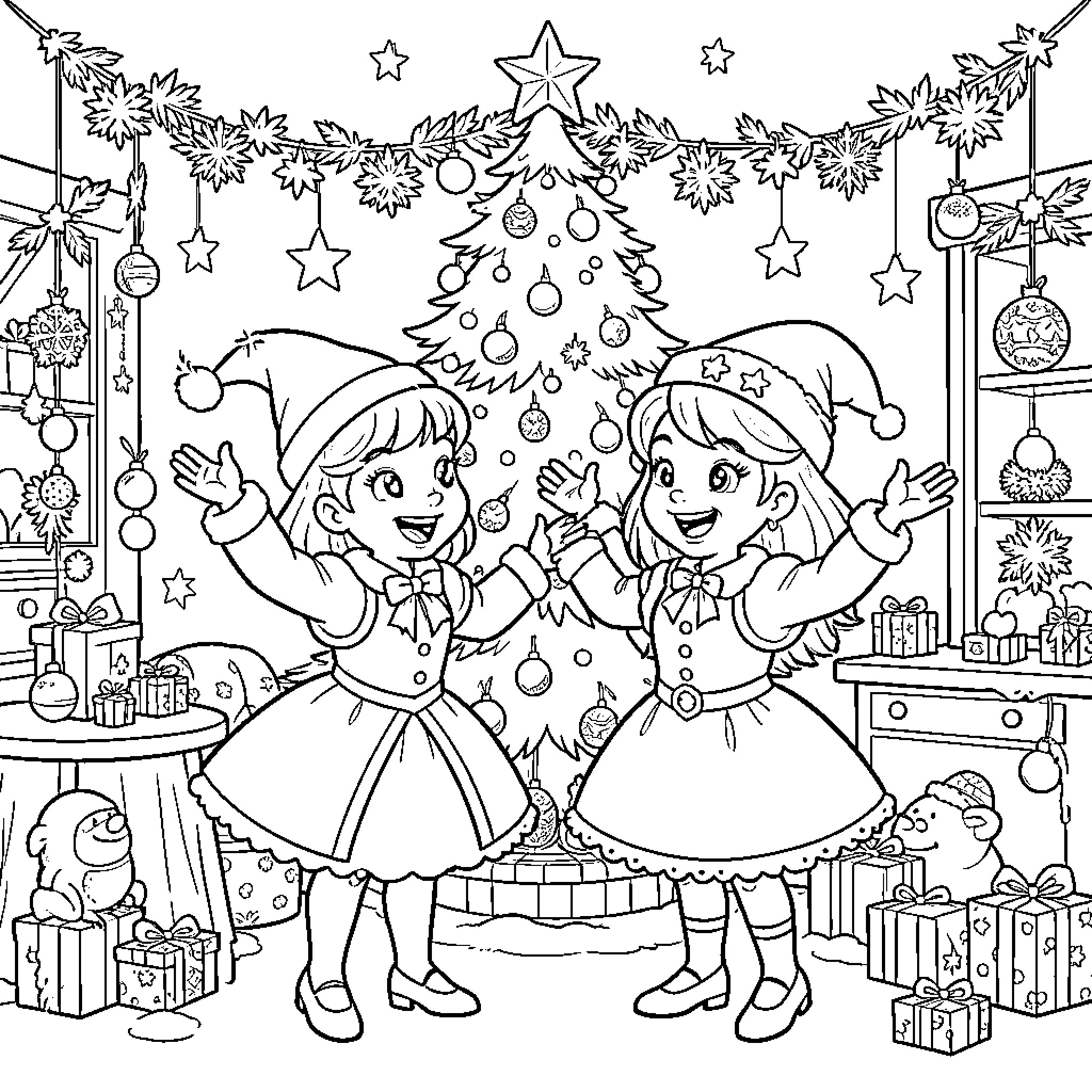 Bibi Blocksberg: Two Girls Celebrate Christmas with Ornaments Coloring Page (free black-and-white line drawing printable PDF for all, from beginners to advanced learners, including children, teens, adults, and seniors)