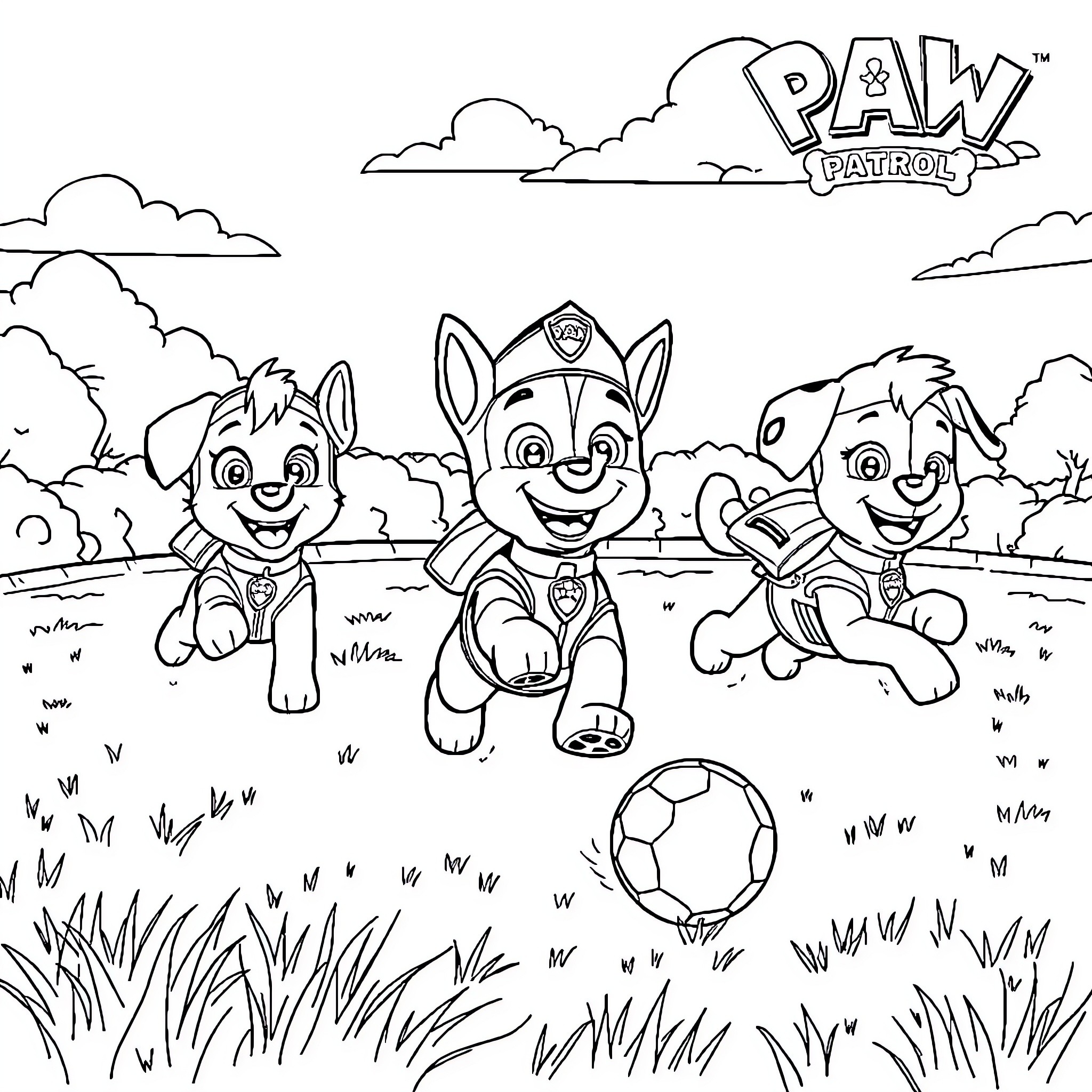 Paw Patrol Pups Playing in the Park Coloring Page (free black-and-white line drawing printable PDF for all, from beginners to advanced learners, including children, teens, adults, and seniors)