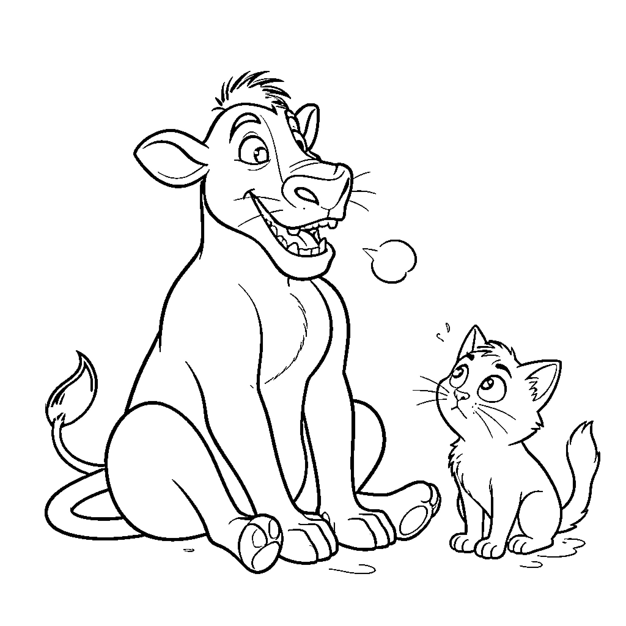 Pumba smiling warmly while sitting next to a kitten Coloring Page (free black-and-white line drawing printable PDF for all, from beginners to advanced learners, including children, teens, adults, and seniors)