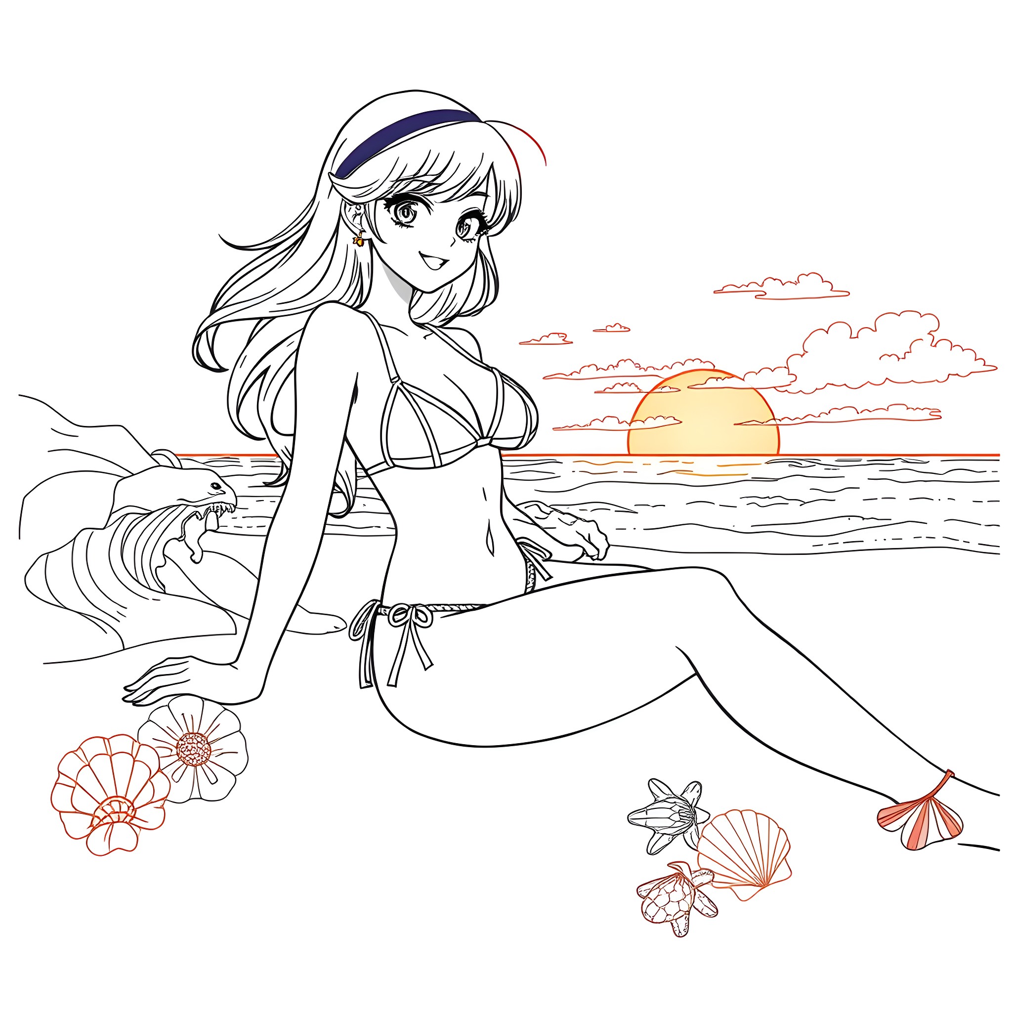Anime Girl Relaxing on the Beach at Sunset Coloring Page (free black-and-white line drawing printable PDF for all, from beginners to advanced learners, including children, teens, adults, and seniors)
