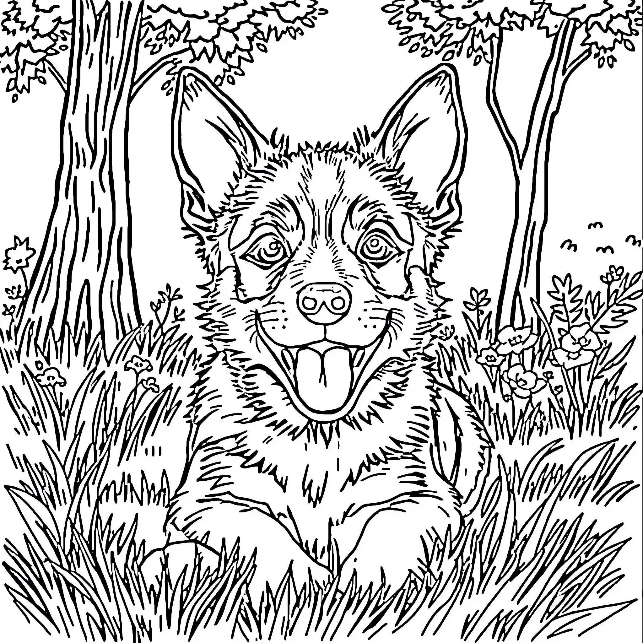Bluey exploring the forest with a big smile Coloring Page (free black-and-white line drawing printable PDF for all, from beginners to advanced learners, including children, teens, adults, and seniors)