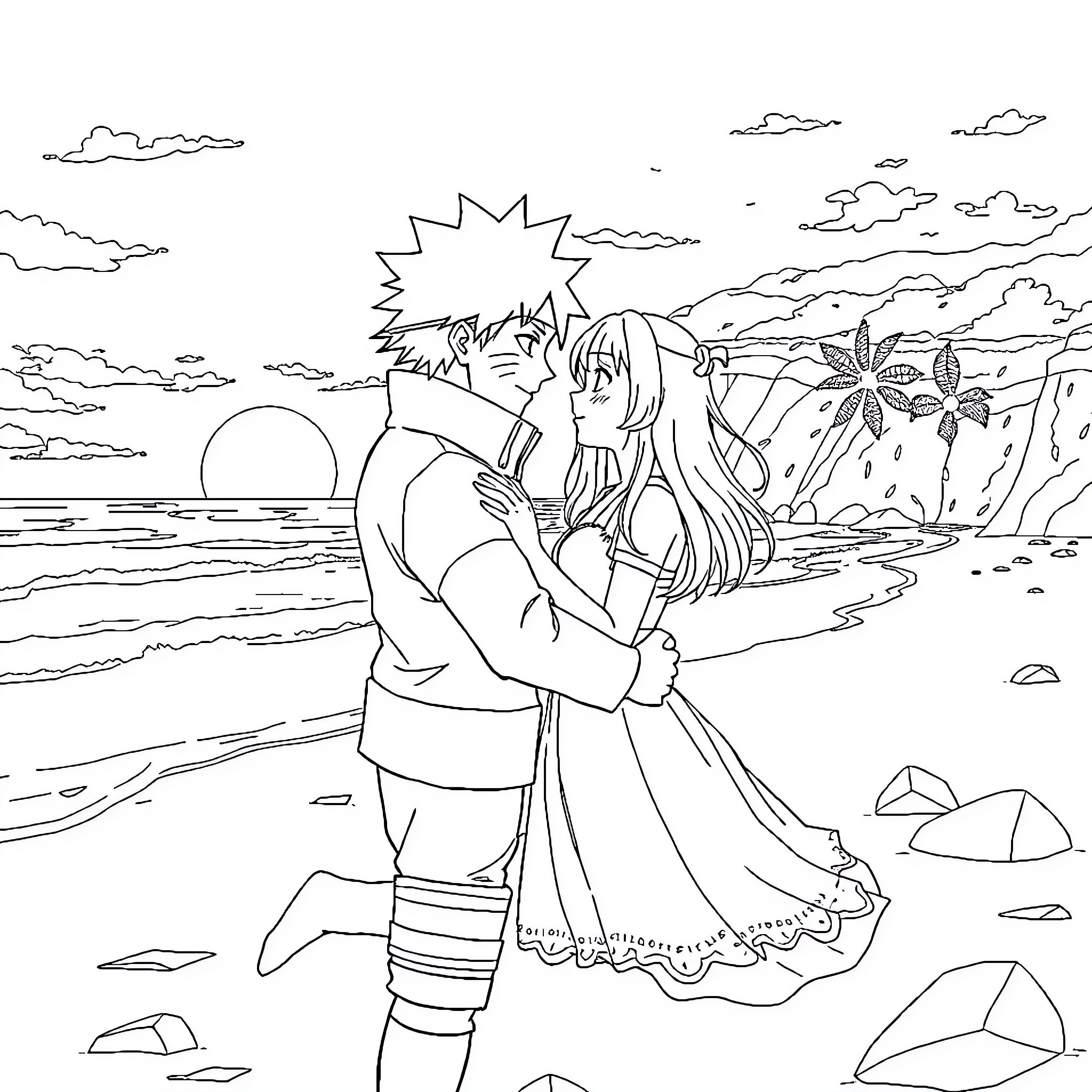 Naruto and Sakura sharing a romantic moment on the beach Coloring Page (free black-and-white line drawing printable PDF for all, from beginners to advanced learners, including children, teens, adults, and seniors)