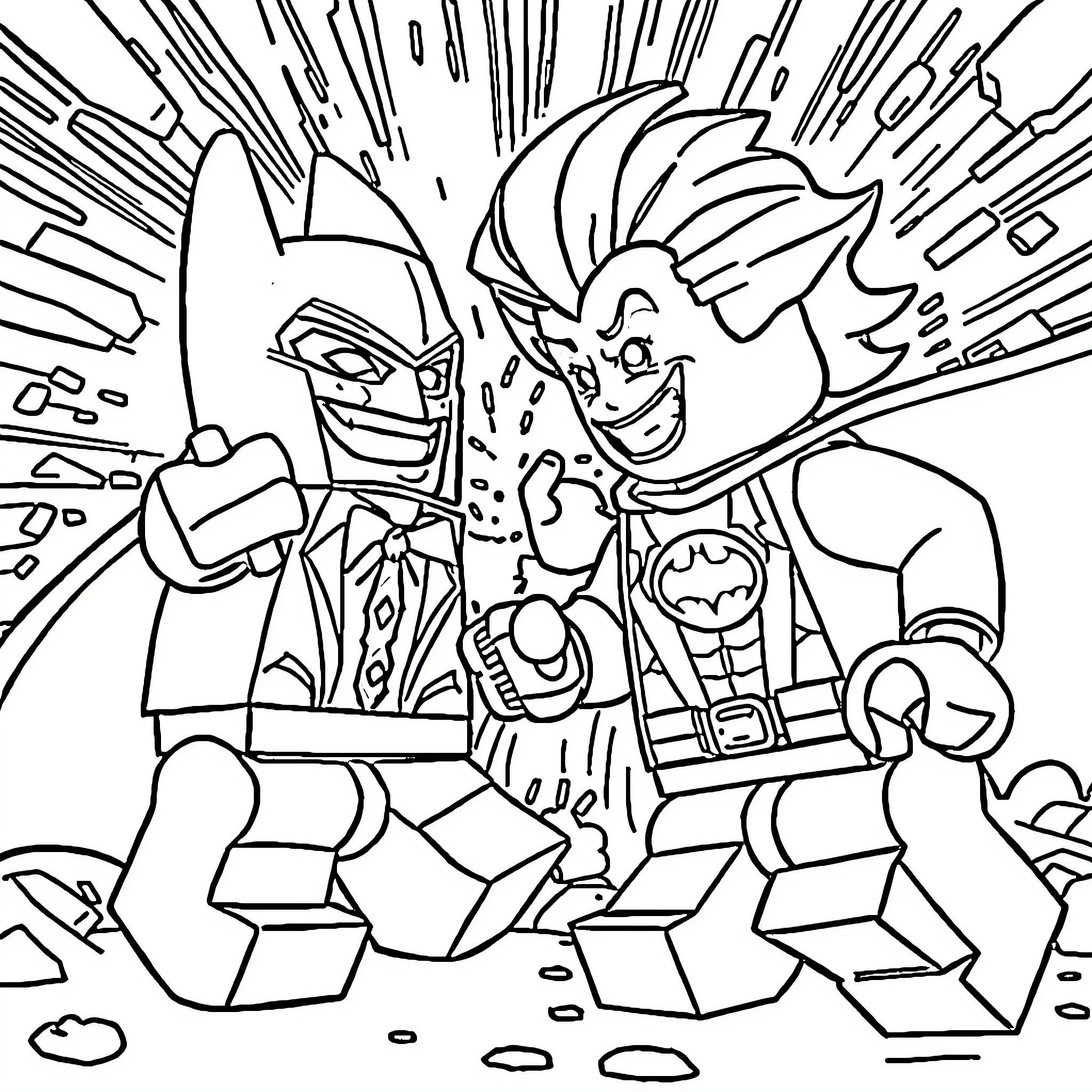 Joker and Harley Quinn in Dynamic Confrontation Coloring Page (free black-and-white line drawing printable PDF for all, from beginners to advanced learners, including children, teens, adults, and seniors)