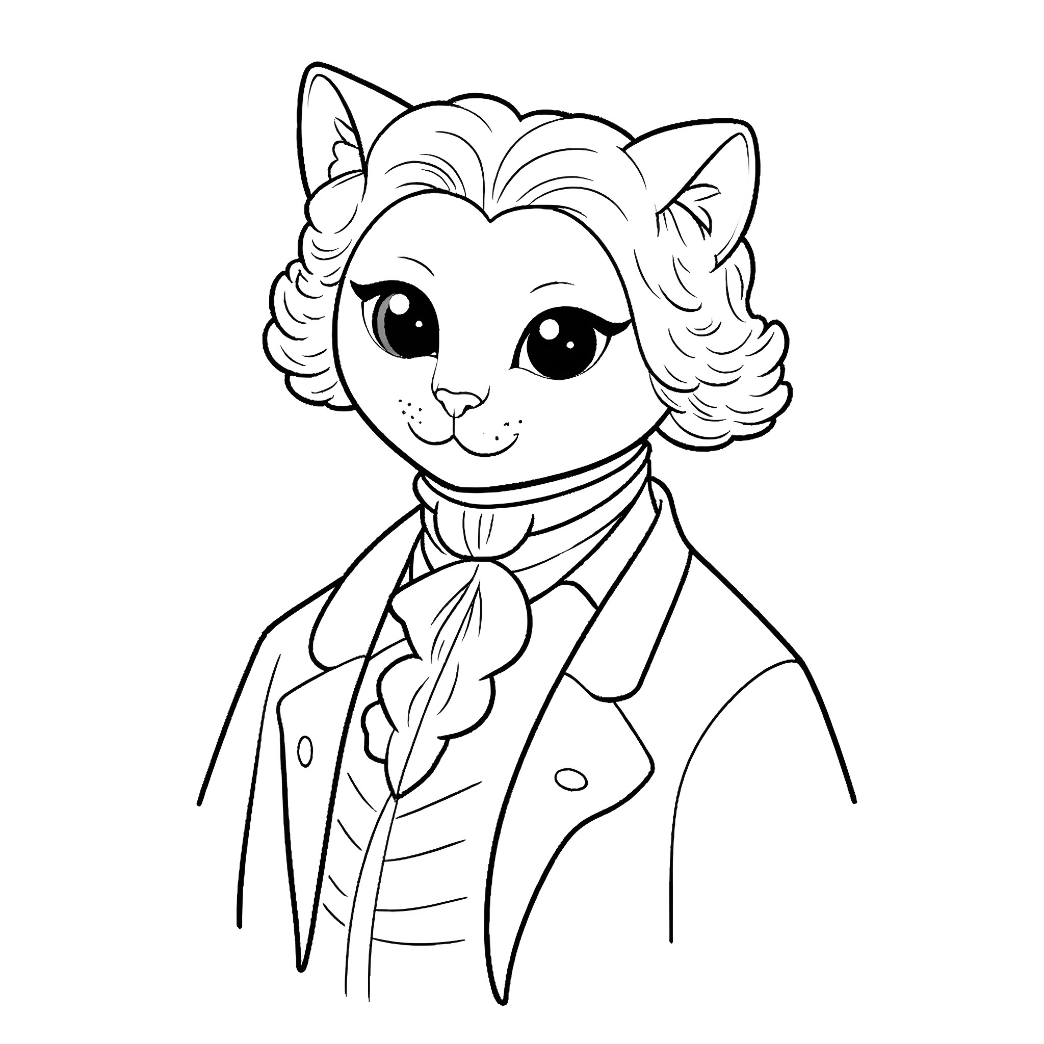 George Washington as a Cartoon Cat Coloring Page (free black-and-white line drawing printable PDF for all, from beginners to advanced learners, including children, teens, adults, and seniors)