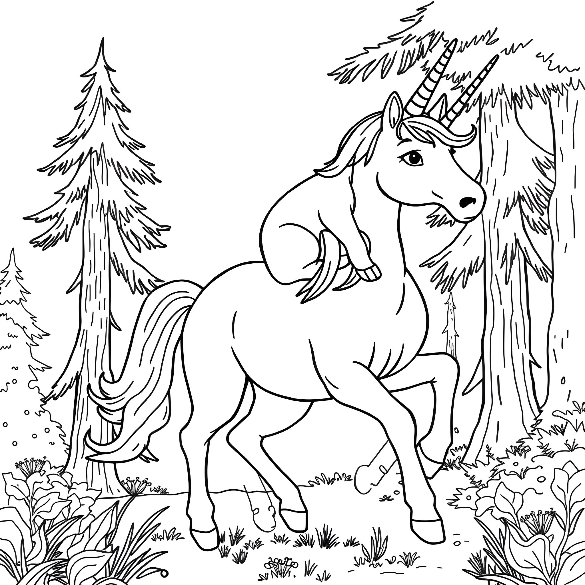 Tabby Cat exploring the enchanted forest Coloring Page (free black-and-white line drawing printable PDF for all, from beginners to advanced learners, including children, teens, adults, and seniors)
