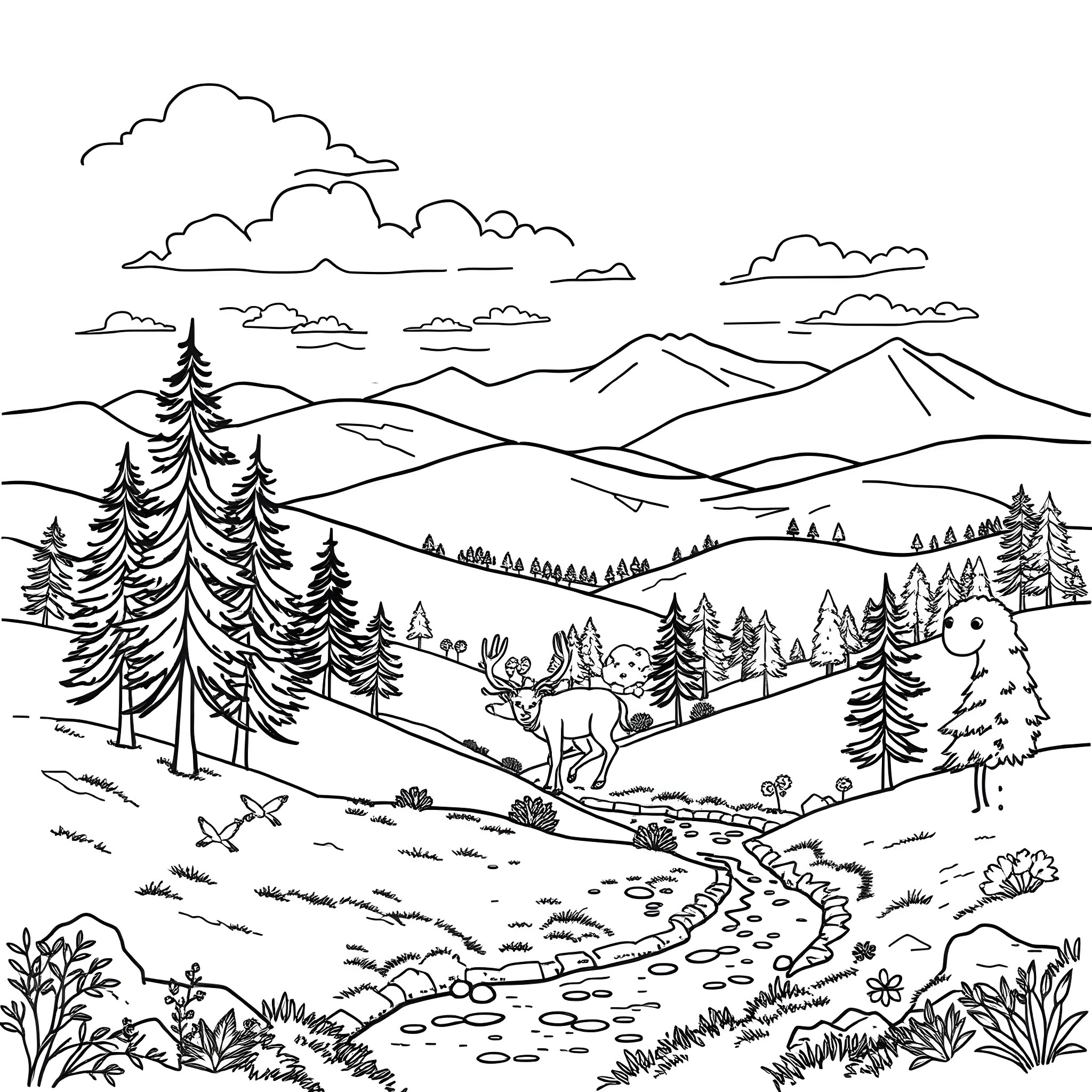 Nature's Peaceful Wilderness in Black and White Coloring Page (free black-and-white line drawing printable PDF for all, from beginners to advanced learners, including children, teens, adults, and seniors)
