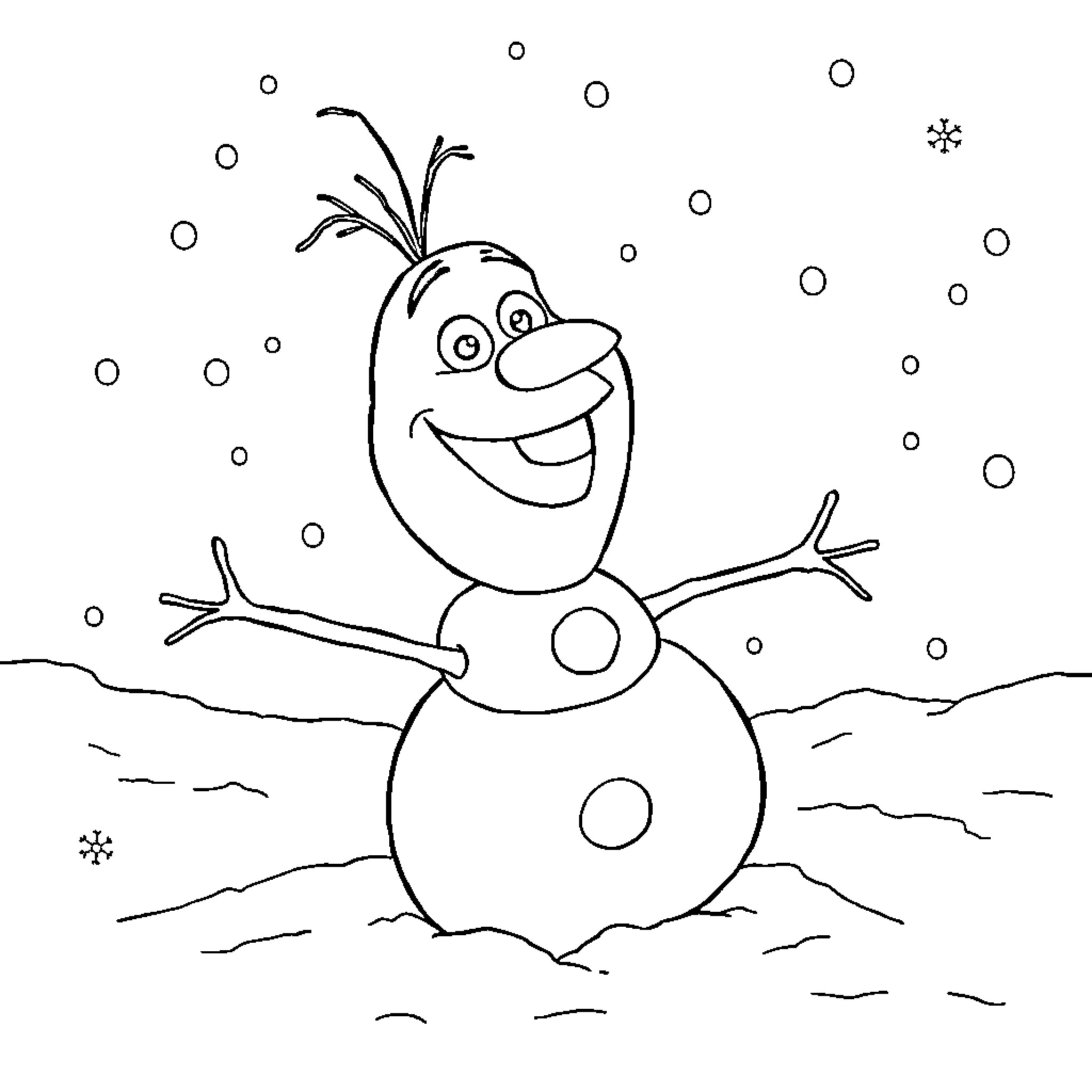 Olaf enjoying the winter wonderland Coloring Page (free black-and-white line drawing printable PDF for all, from beginners to advanced learners, including children, teens, adults, and seniors)
