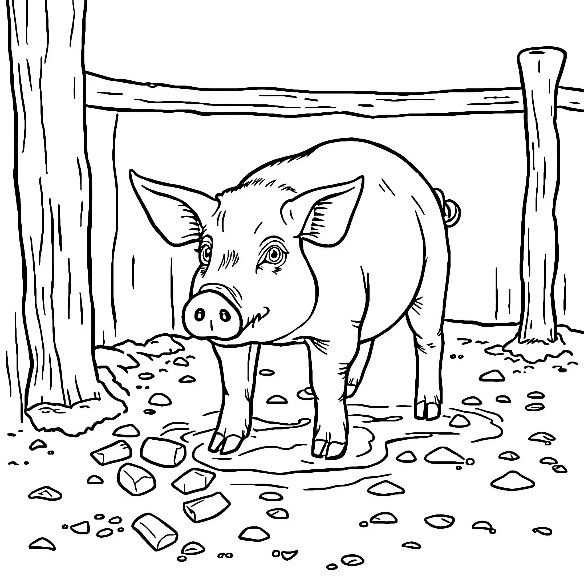 Pig exploring the forest environment Coloring Page (free black-and-white line drawing printable PDF for all, from beginners to advanced learners, including children, teens, adults, and seniors)
