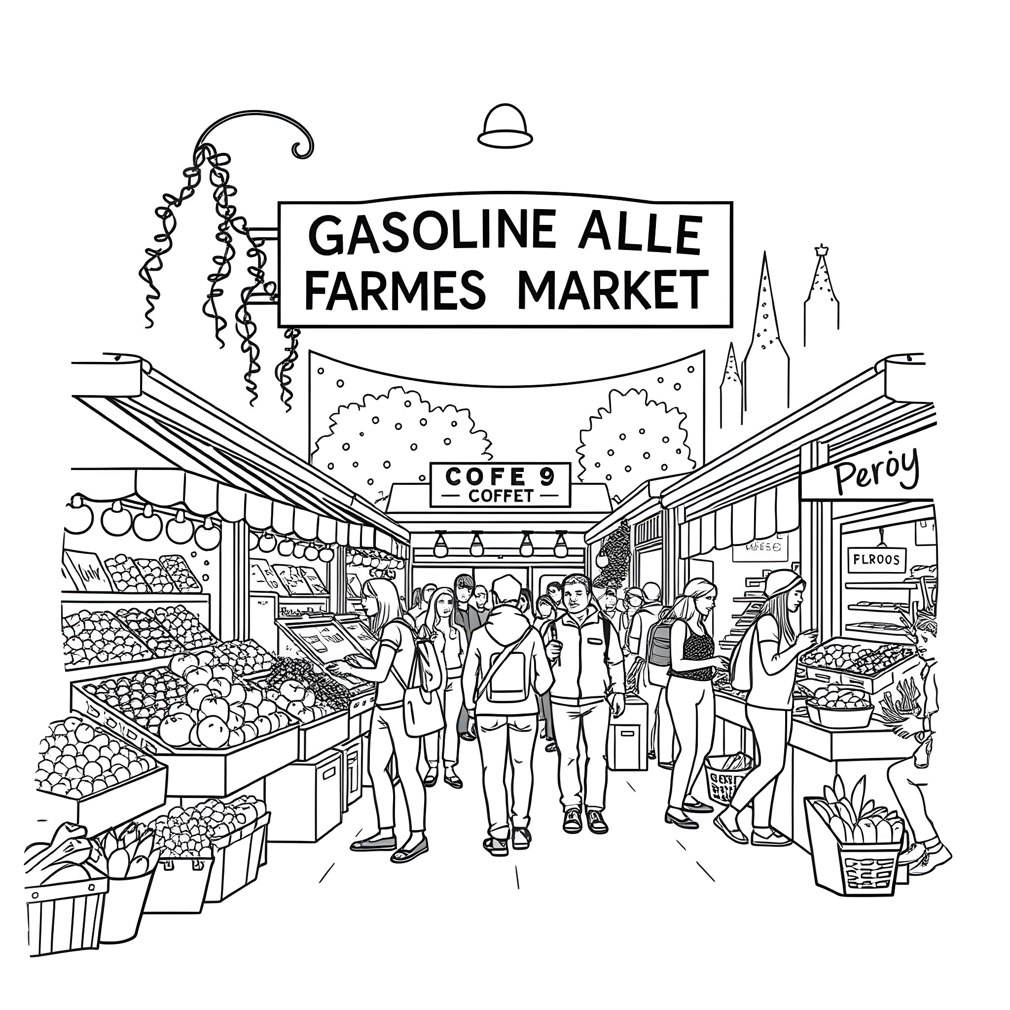 Farmers Market with Busy Crowds and Varied Merchandise Coloring Page (free black-and-white line drawing printable PDF for all, from beginners to advanced learners, including children, teens, adults, and seniors)