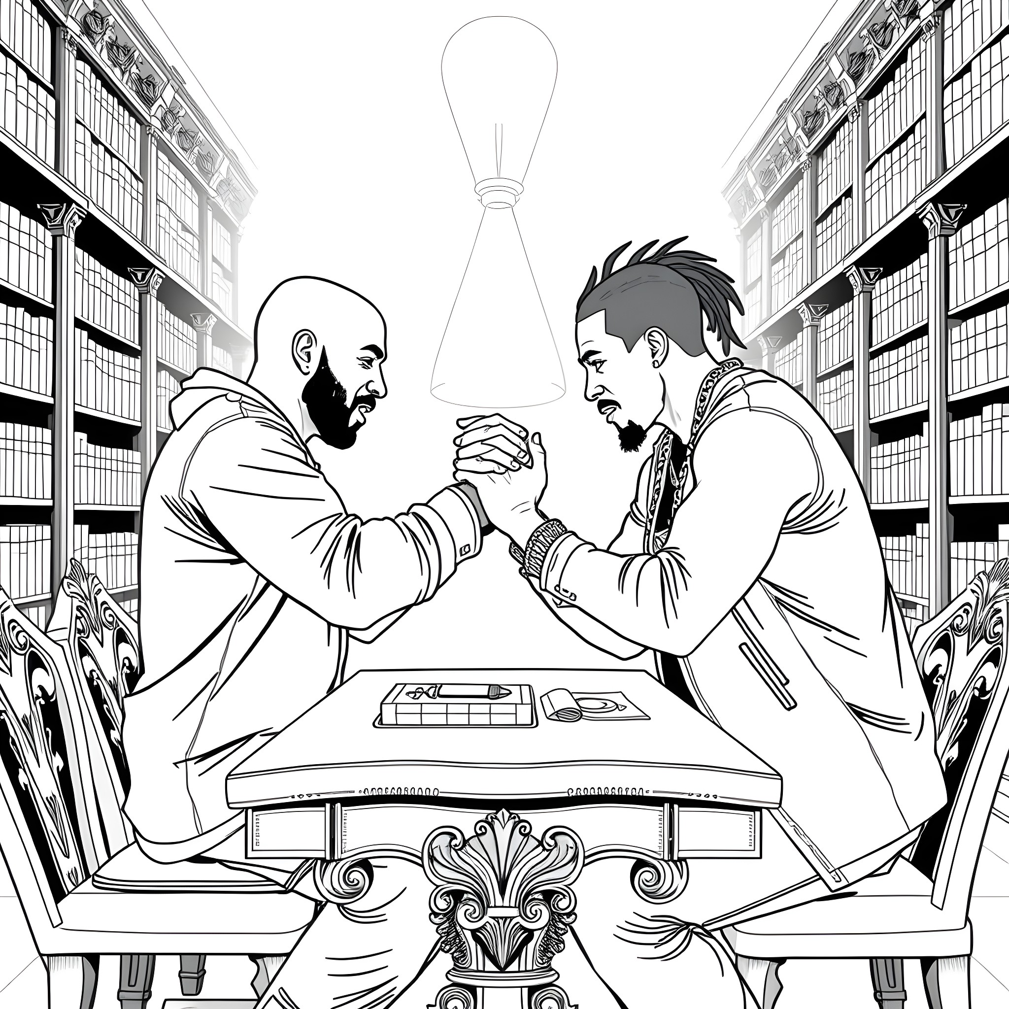 Drake arguing intensely with another man in a library Coloring Page (free black-and-white line drawing printable PDF for all, from beginners to advanced learners, including children, teens, adults, and seniors)