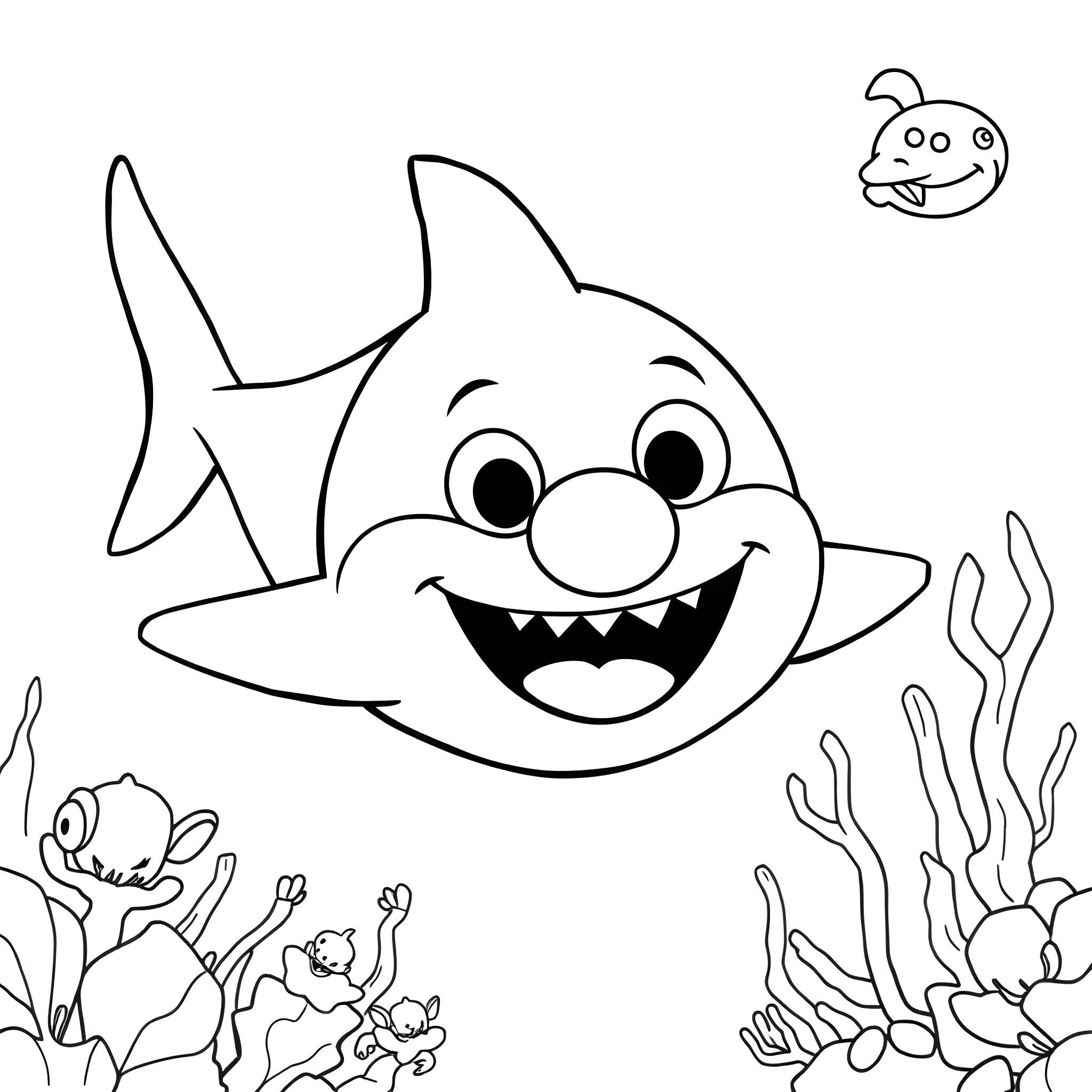 Shark smiling joyfully with other marine creatures Coloring Page (free black-and-white line drawing printable PDF for all, from beginners to advanced learners, including children, teens, adults, and seniors)