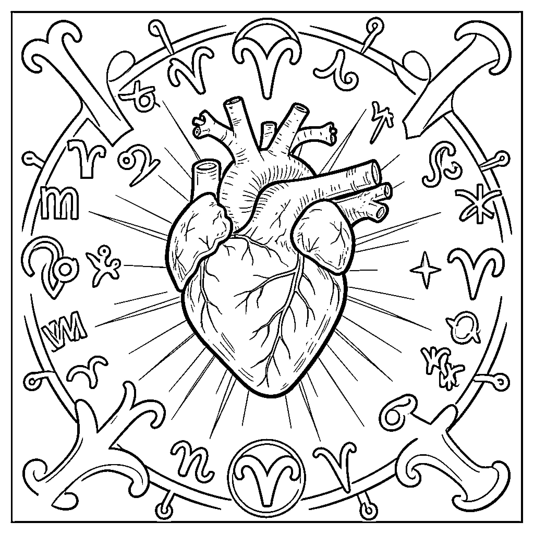 Heart surrounded by various astrological zodiac symbols Coloring Page (free black-and-white line drawing printable PDF for all, from beginners to advanced learners, including children, teens, adults, and seniors)