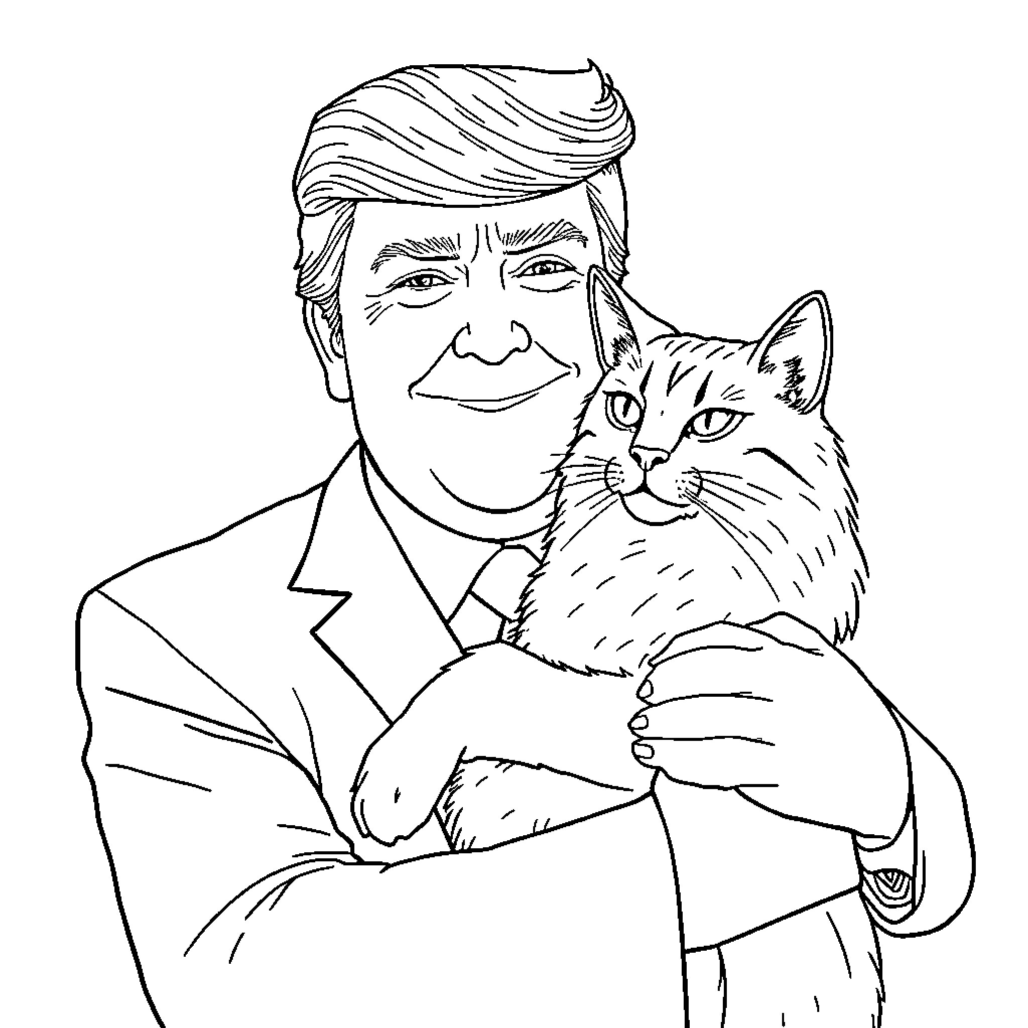 Trump's Quirky Encounter with a Feline Friend Coloring Page (free black-and-white line drawing printable PDF for all, from beginners to advanced learners, including children, teens, adults, and seniors)