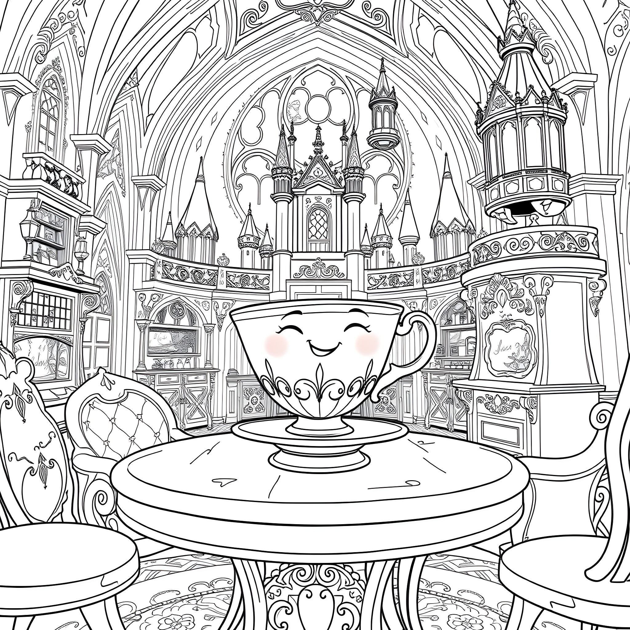 Chip's Whimsical Tea Party in a Fairytale Castle Coloring Page (free black-and-white line drawing printable PDF for all, from beginners to advanced learners, including children, teens, adults, and seniors)