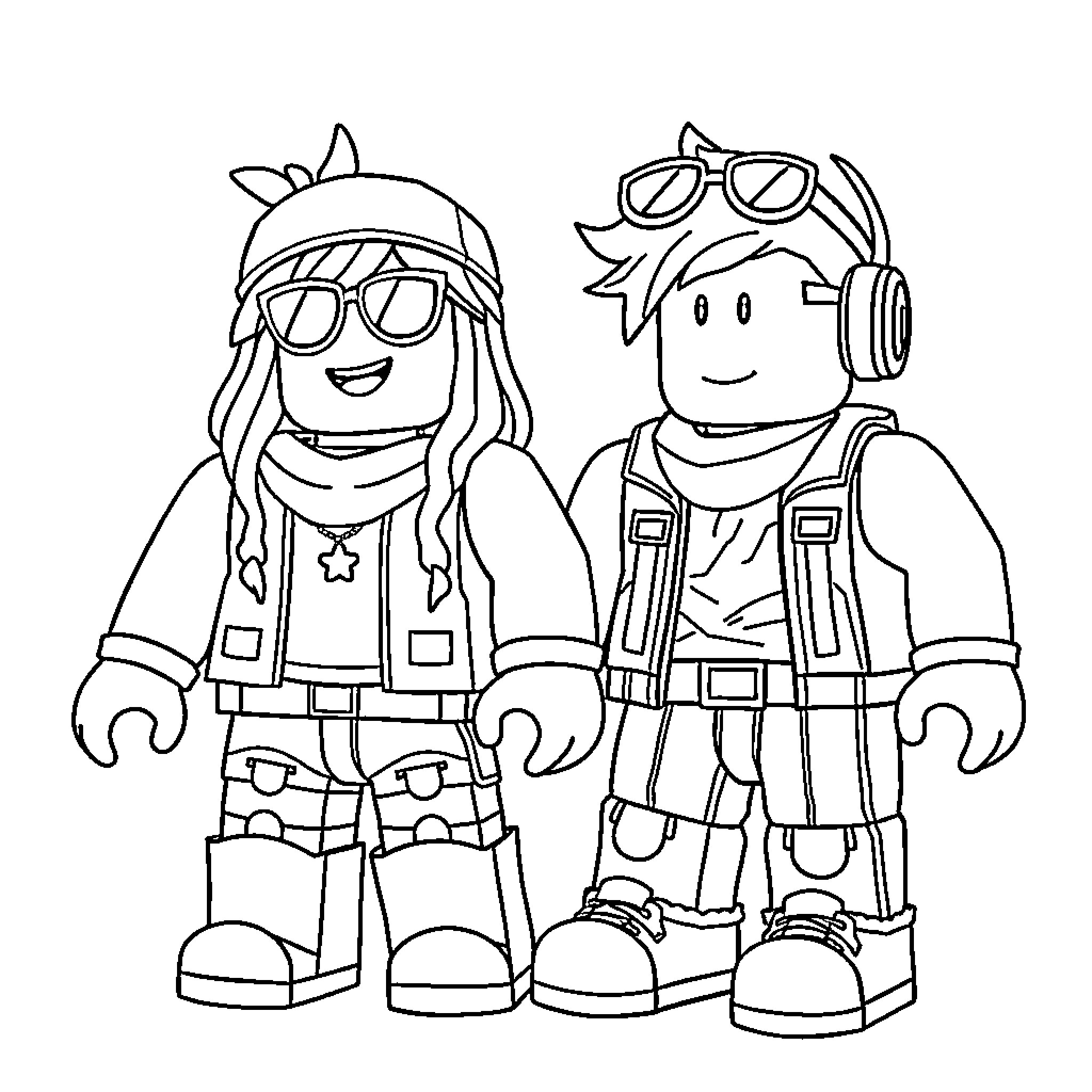 Roblox Characters Playing with Accessories Coloring Page (free black-and-white line drawing printable PDF for all, from beginners to advanced learners, including children, teens, adults, and seniors)