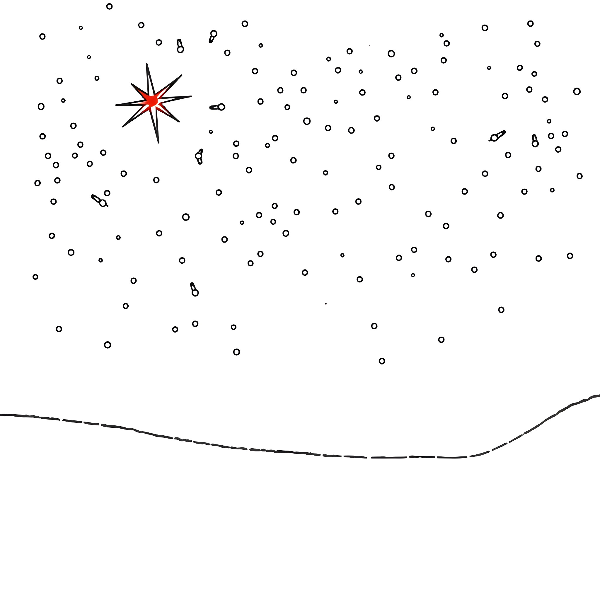 Dwarf starry night in the winter landscape Coloring Page (free black-and-white line drawing printable PDF for all, from beginners to advanced learners, including children, teens, adults, and seniors)