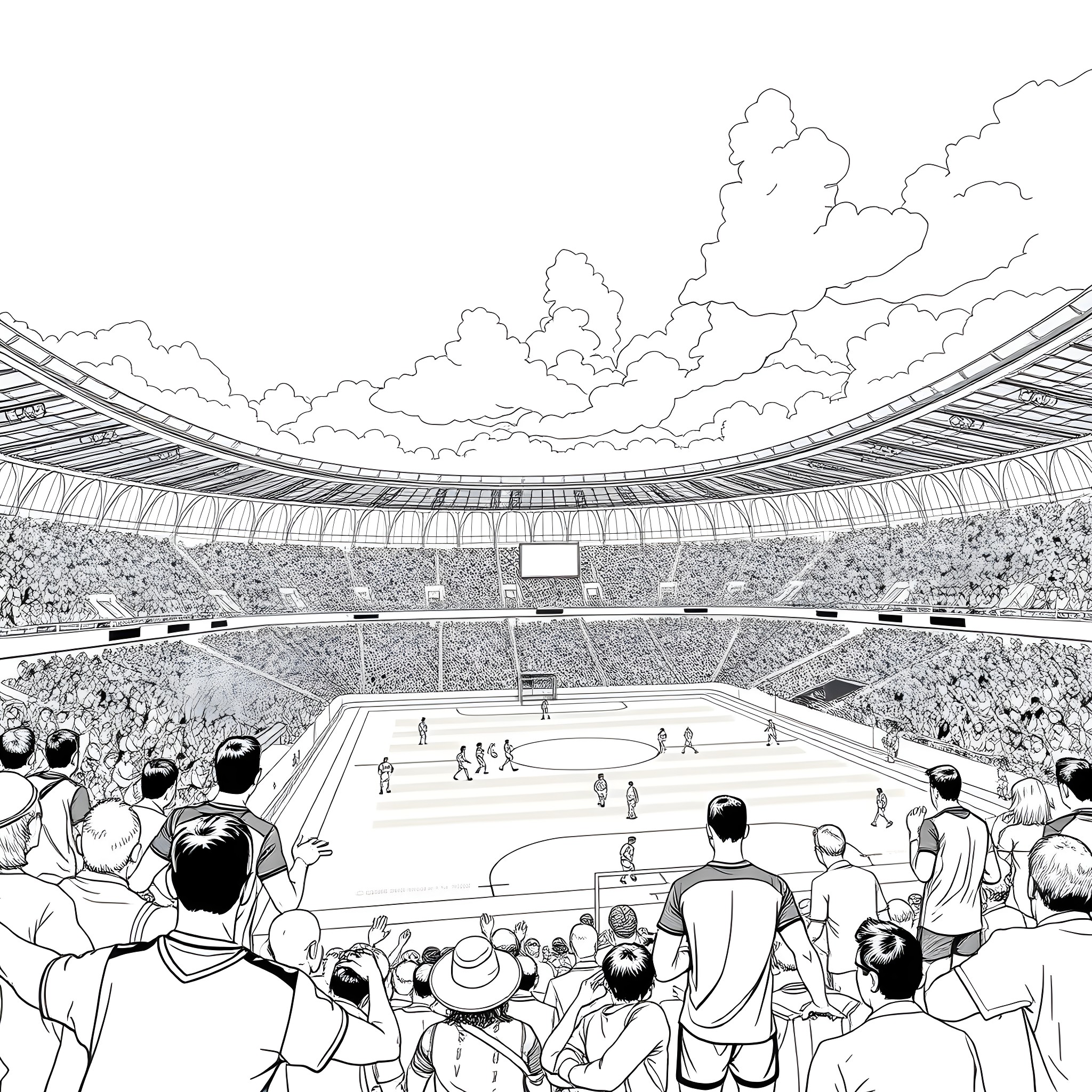 São Paulo Futebol Clube: Fans Cheering at Exciting Football Match Coloring Page (free black-and-white line drawing printable PDF for all, from beginners to advanced learners, including children, teens, adults, and seniors)