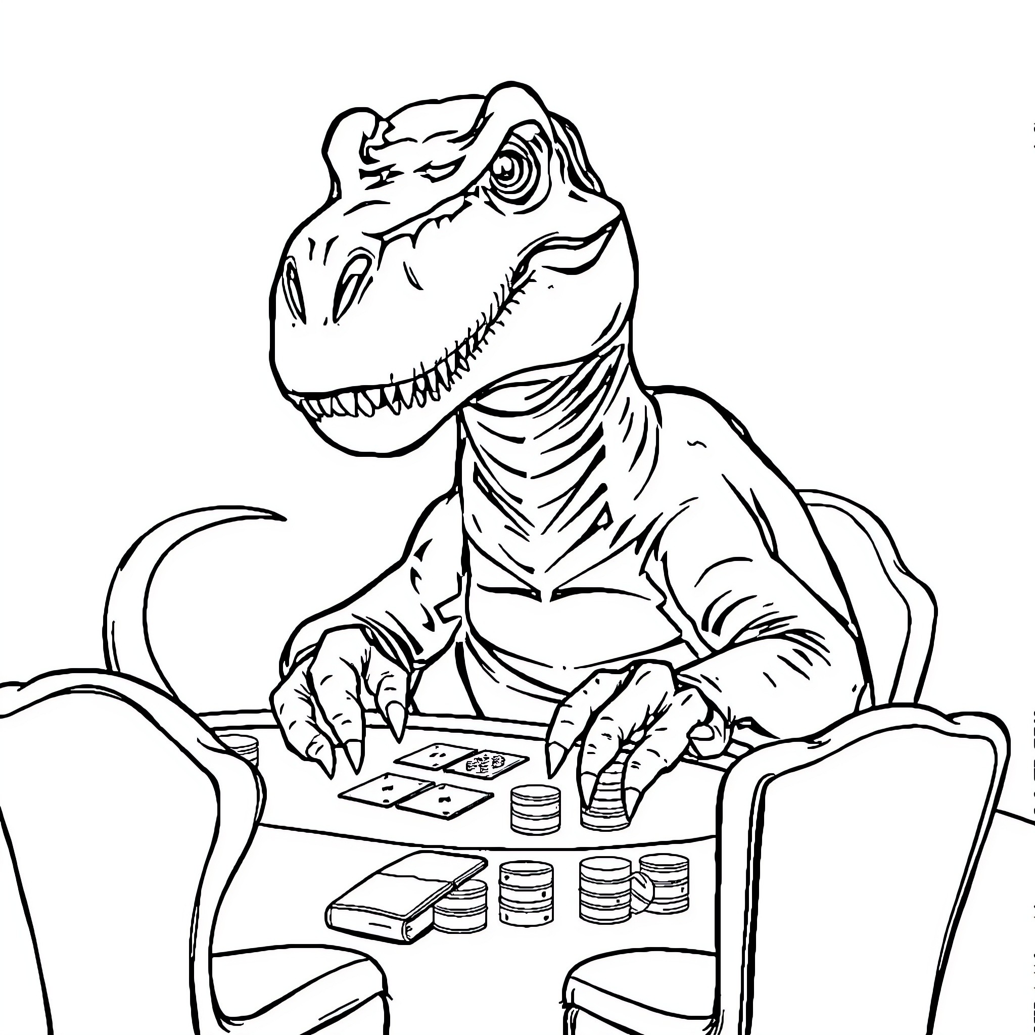 T-Rex playing board games Coloring Page (free black-and-white line drawing printable PDF for all, from beginners to advanced learners, including children, teens, adults, and seniors)