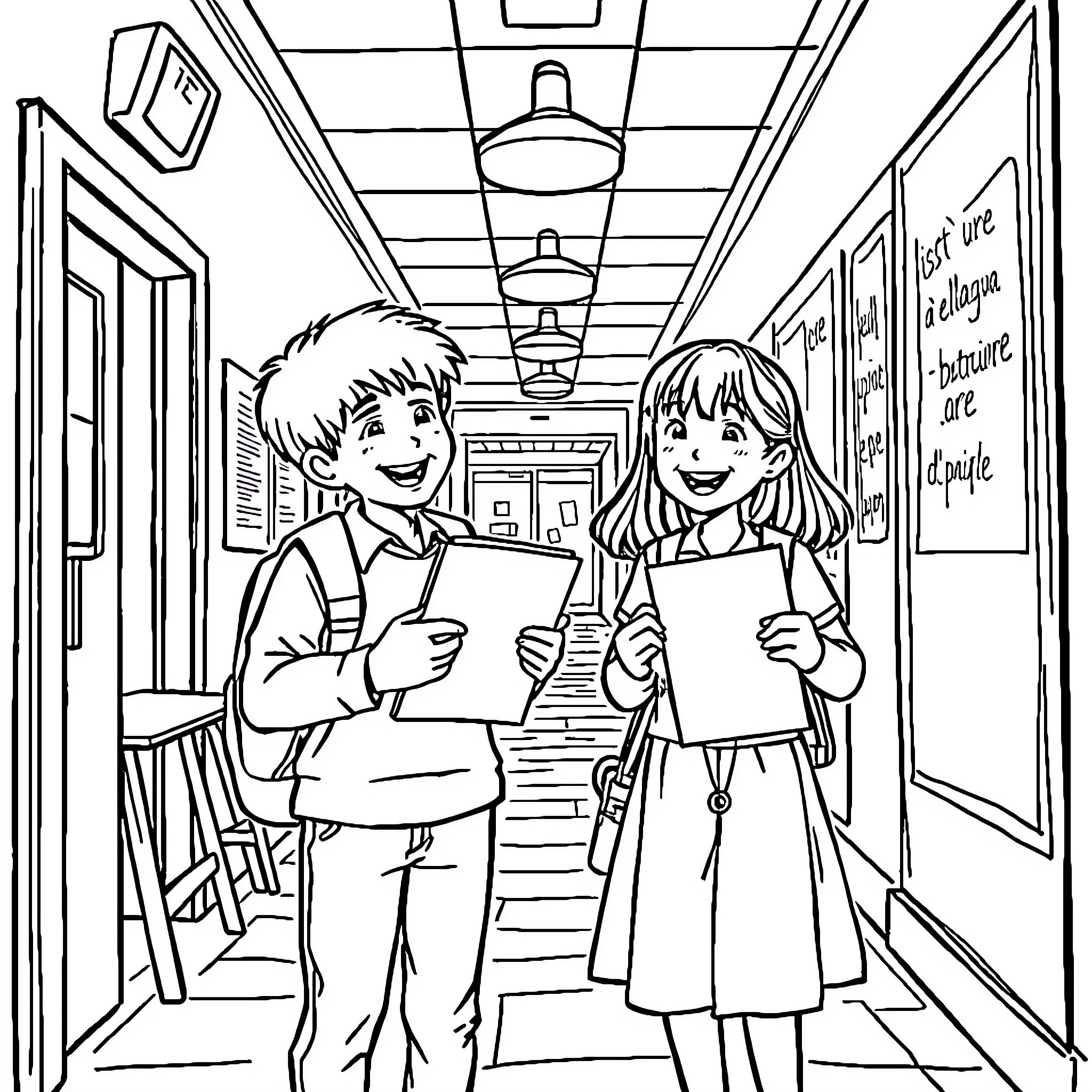 Students discussing homework in school hallway Coloring Page (free black-and-white line drawing printable PDF for all, from beginners to advanced learners, including children, teens, adults, and seniors)
