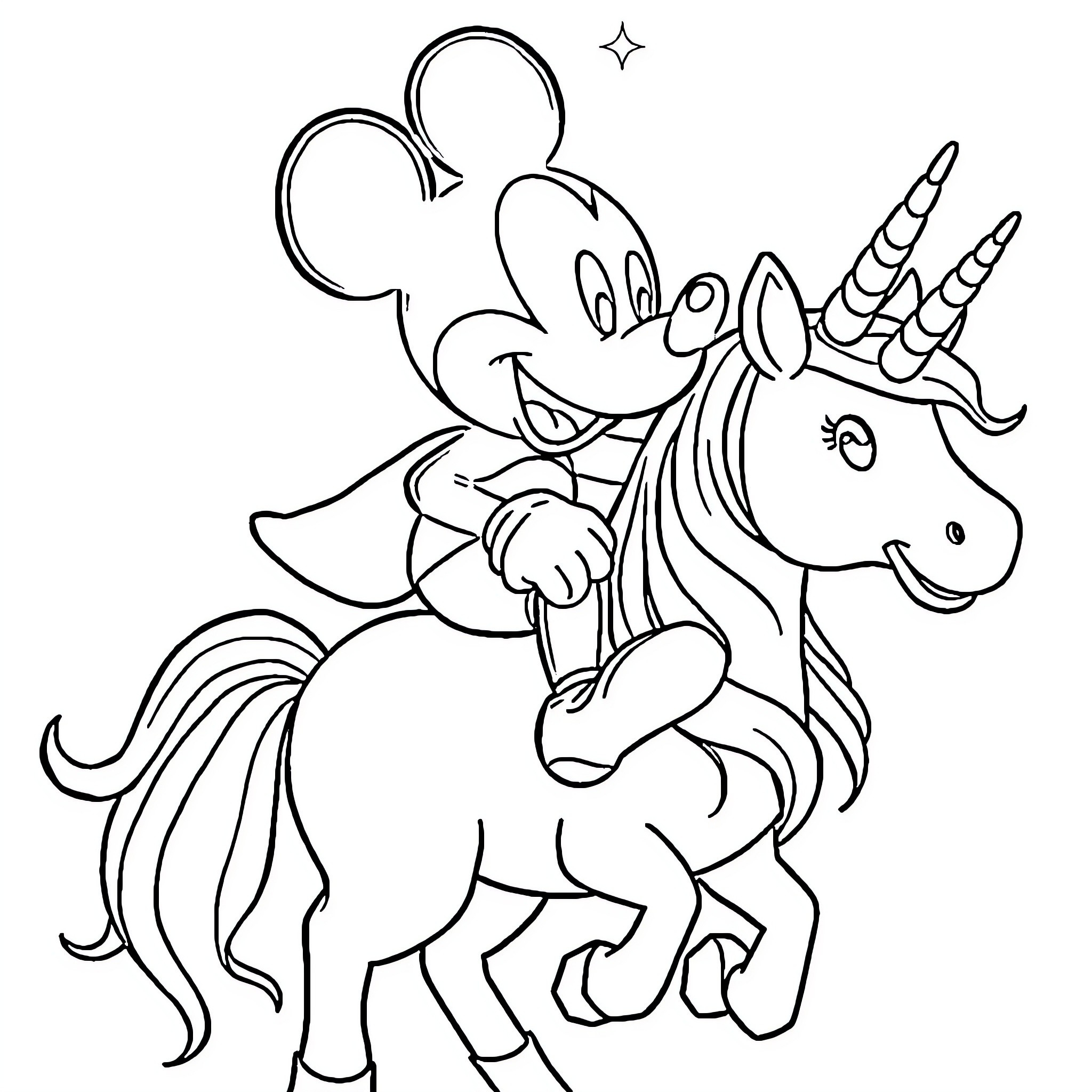 Mickey Mouse riding a magical unicorn Coloring Page (free black-and-white line drawing printable PDF for all, from beginners to advanced learners, including children, teens, adults, and seniors)