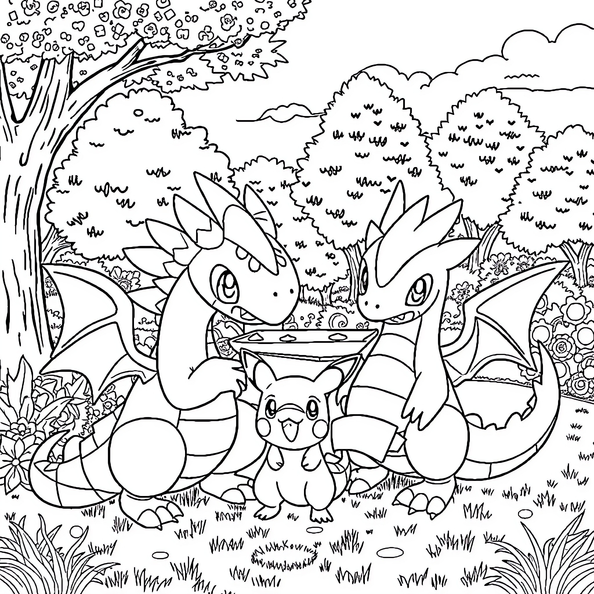 Mundras: Whimsical Creatures Frolicking in the Forest Coloring Page (free black-and-white line drawing printable PDF for all, from beginners to advanced learners, including children, teens, adults, and seniors)