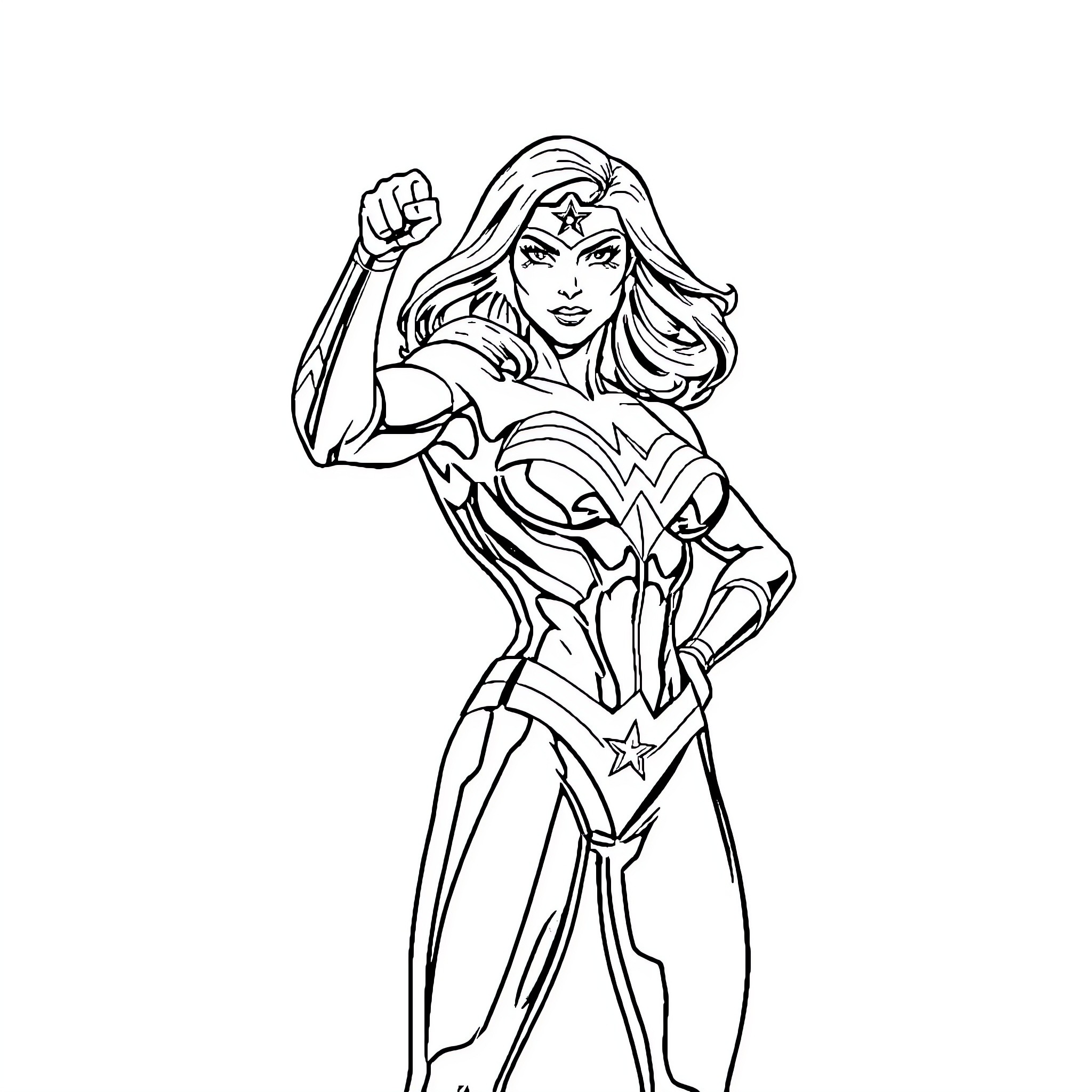 Superwoman in heroic action pose Coloring Page (free black-and-white line drawing printable PDF for all, from beginners to advanced learners, including children, teens, adults, and seniors)