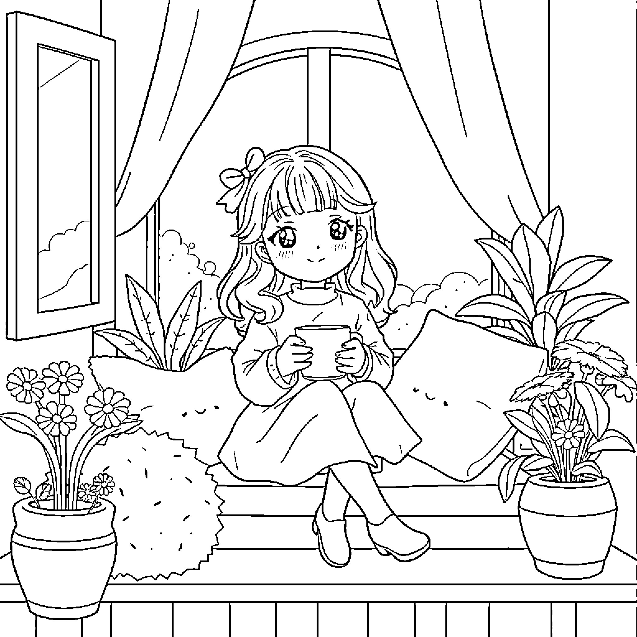 Girl relaxing with a cup in a cozy room Coloring Page (free black-and-white line drawing printable PDF for all, from beginners to advanced learners, including children, teens, adults, and seniors)