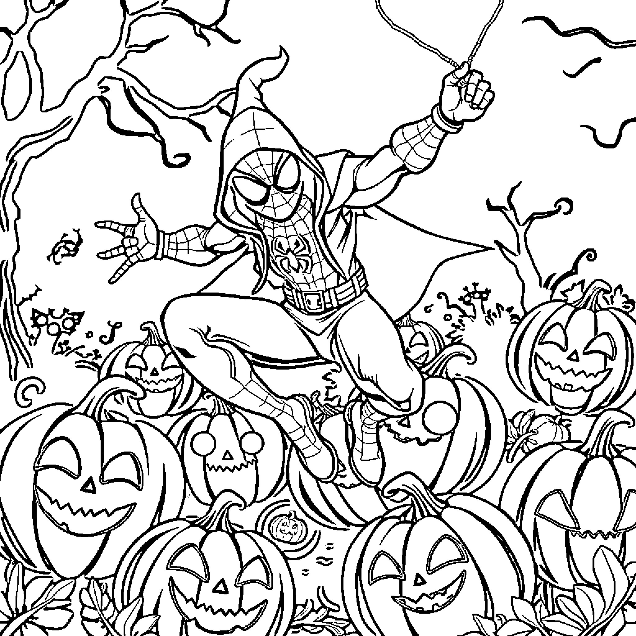 Spidey's Halloween Adventure with Pumpkins Coloring Page (free black-and-white line drawing printable PDF for all, from beginners to advanced learners, including children, teens, adults, and seniors)