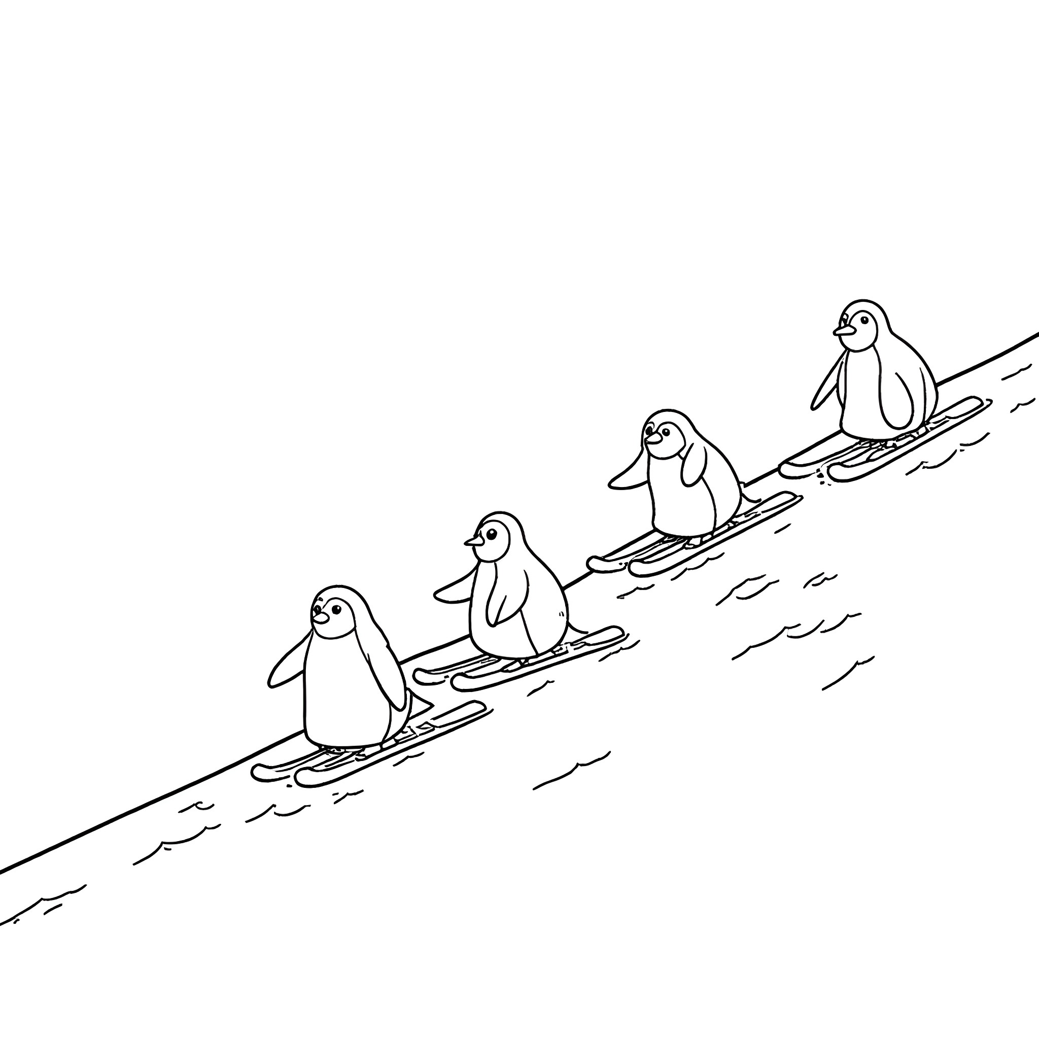 Penguins sliding down icy slope Coloring Page (free black-and-white line drawing printable PDF for all, from beginners to advanced learners, including children, teens, adults, and seniors)