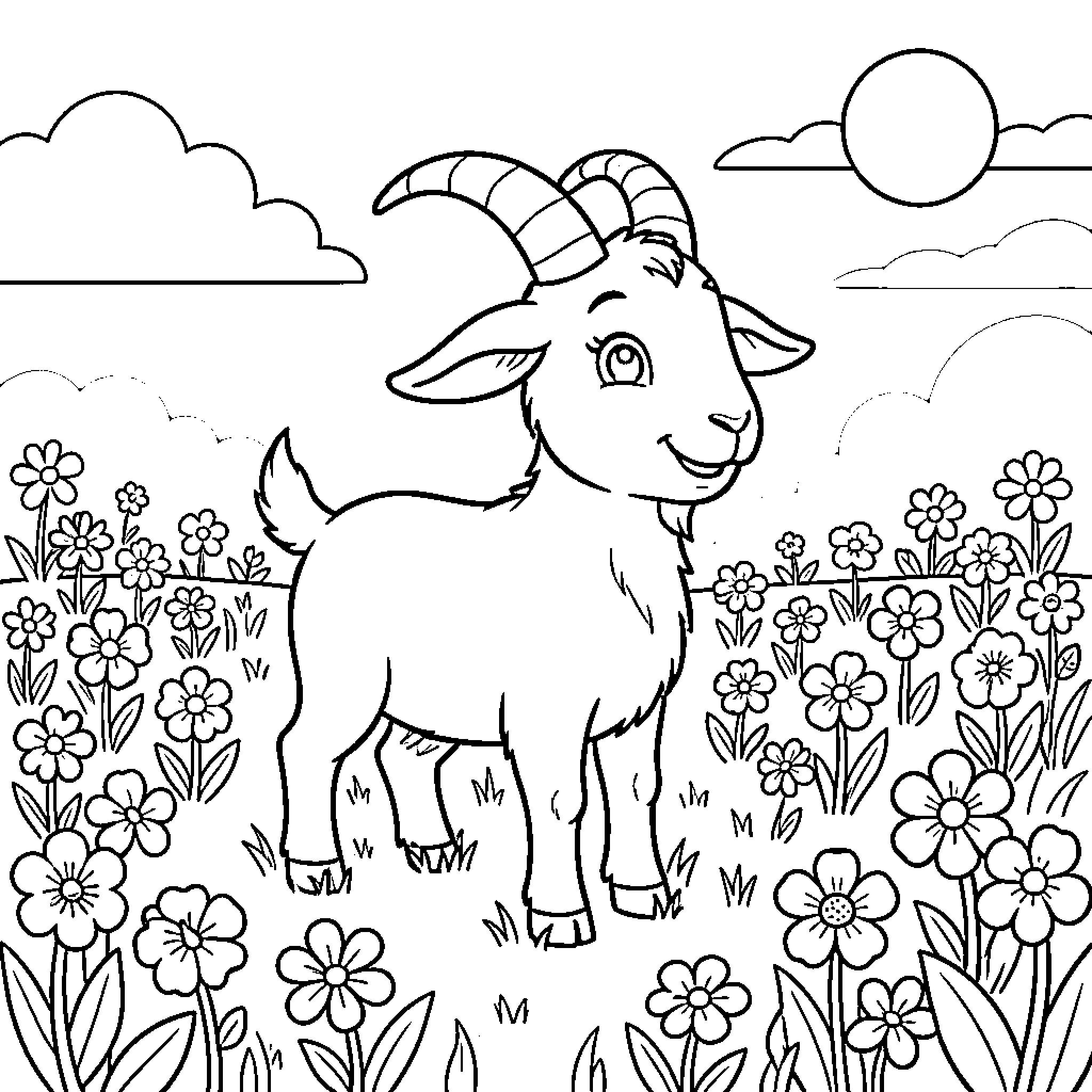 Goat among the Flowers in a Sunny Meadow Coloring Page (free black-and-white line drawing printable PDF for all, from beginners to advanced learners, including children, teens, adults, and seniors)