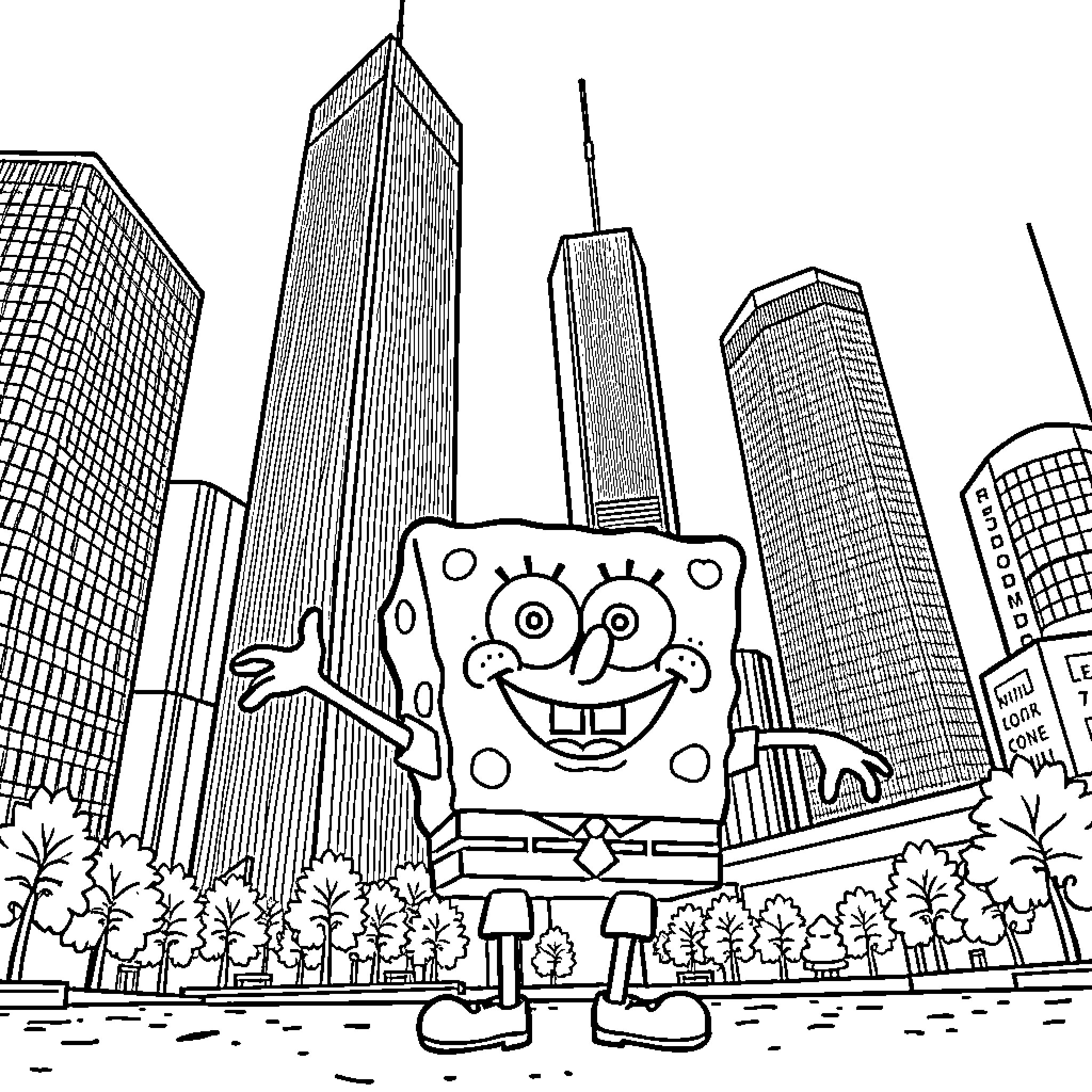 Spongebob visits the big city Coloring Page (free black-and-white line drawing printable PDF for all, from beginners to advanced learners, including children, teens, adults, and seniors)
