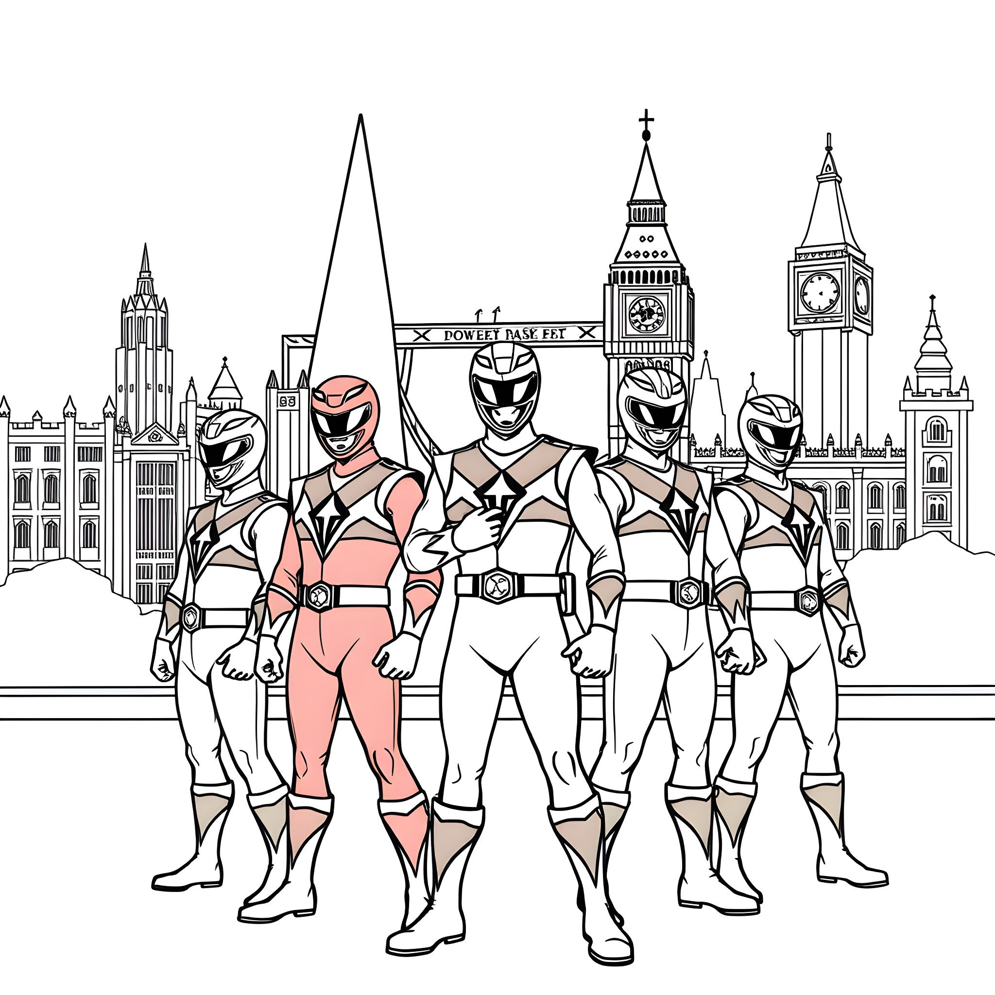 Power Rangers Pose in Front of Iconic City Landmarks Coloring Page (free black-and-white line drawing printable PDF for all, from beginners to advanced learners, including children, teens, adults, and seniors)