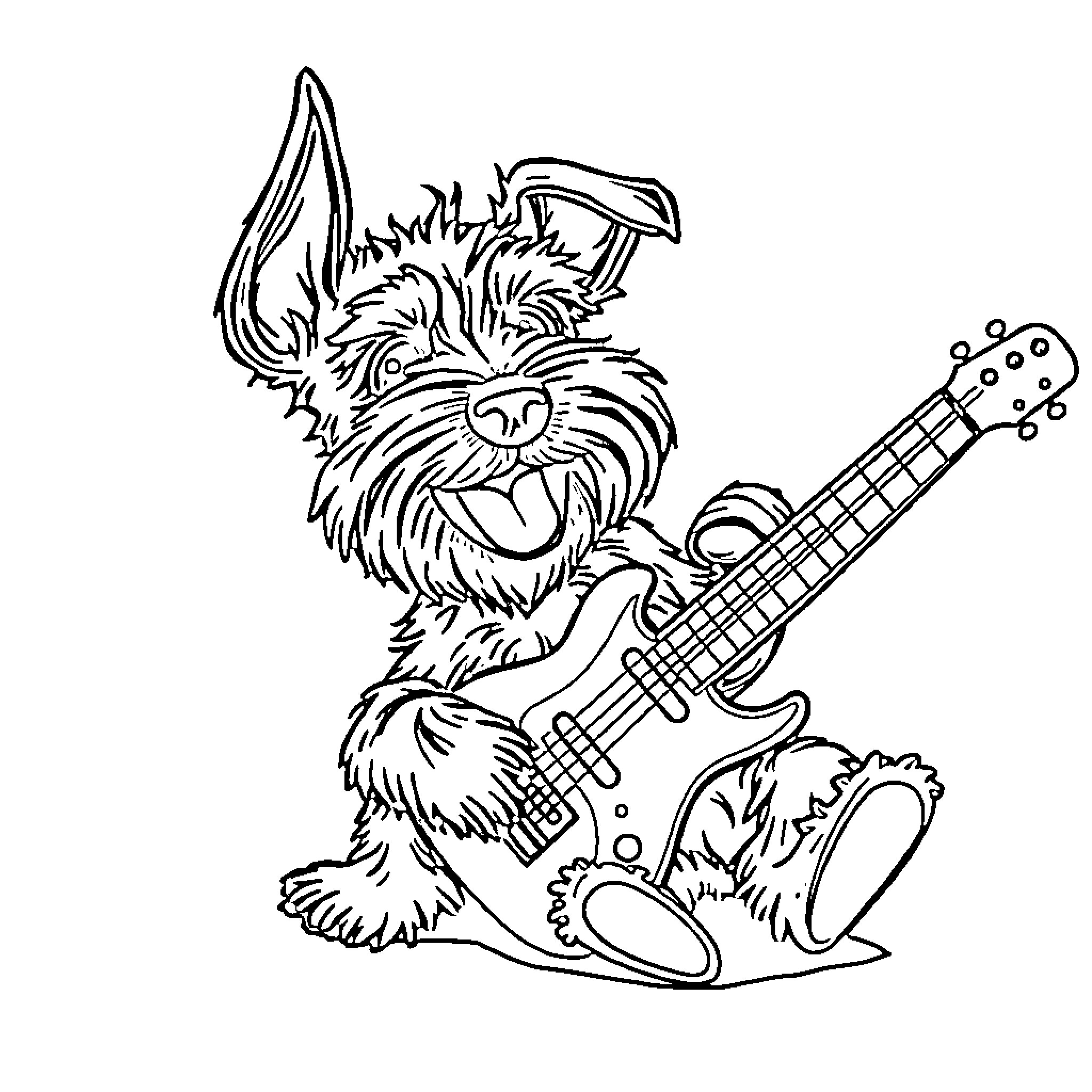 Schnauzer rocking out with electric guitar Coloring Page (free black-and-white line drawing printable PDF for all, from beginners to advanced learners, including children, teens, adults, and seniors)