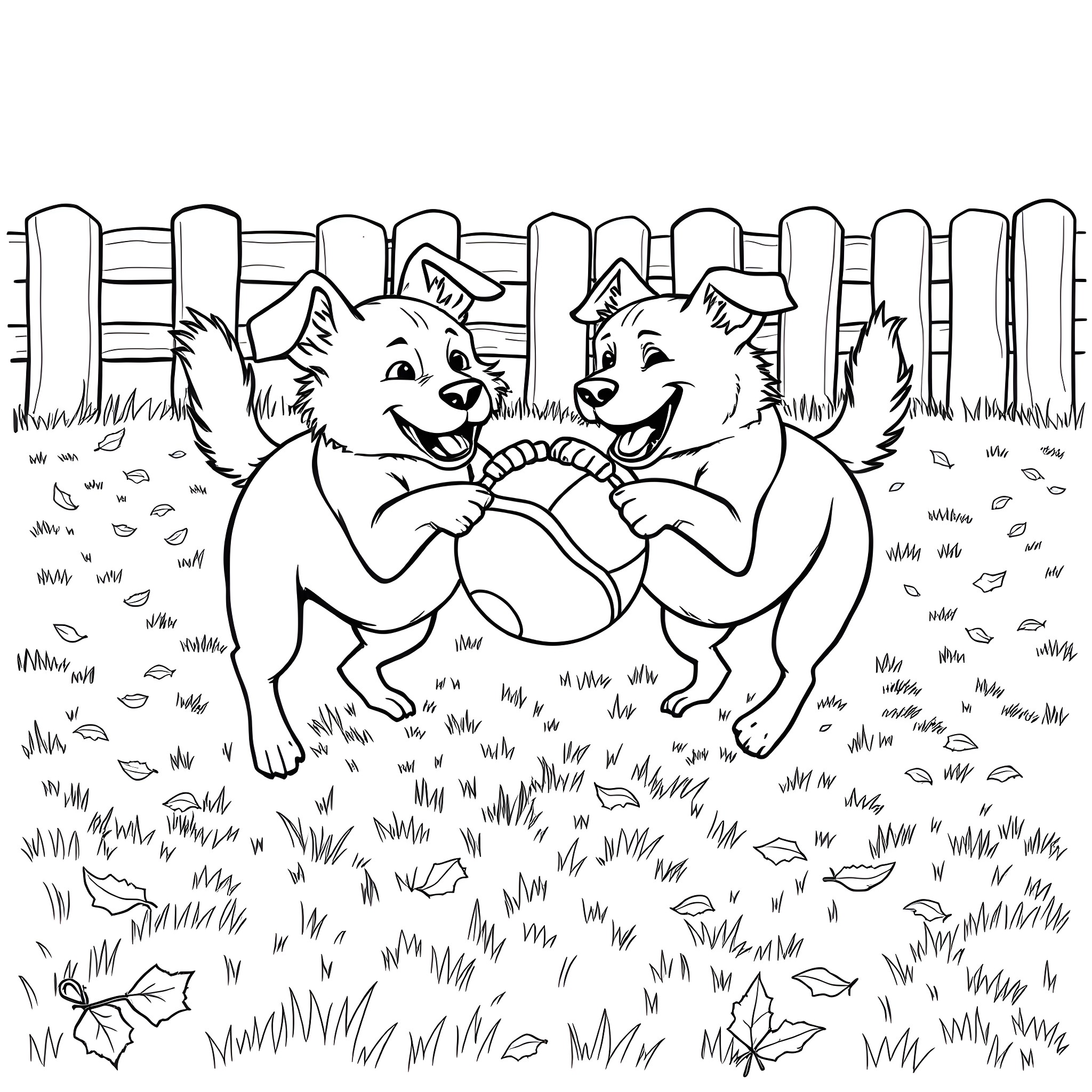 Dogs playing with a ball in the park Coloring Page (free black-and-white line drawing printable PDF for all, from beginners to advanced learners, including children, teens, adults, and seniors)